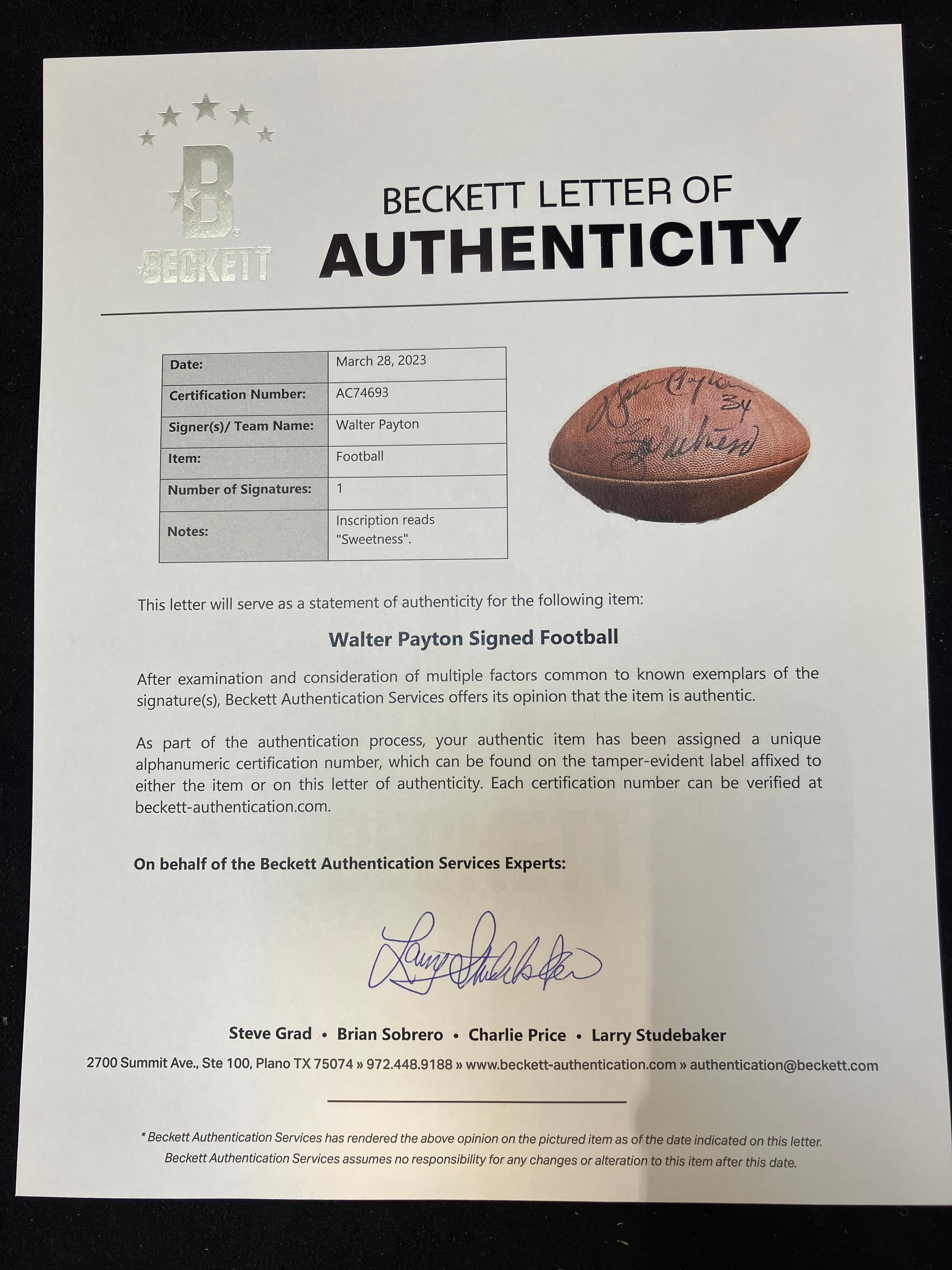 A Walter Payton Single Signed Autograph Wilson NFL Football With Sweetness Inscription (Beckett Authentication Services Letter),
