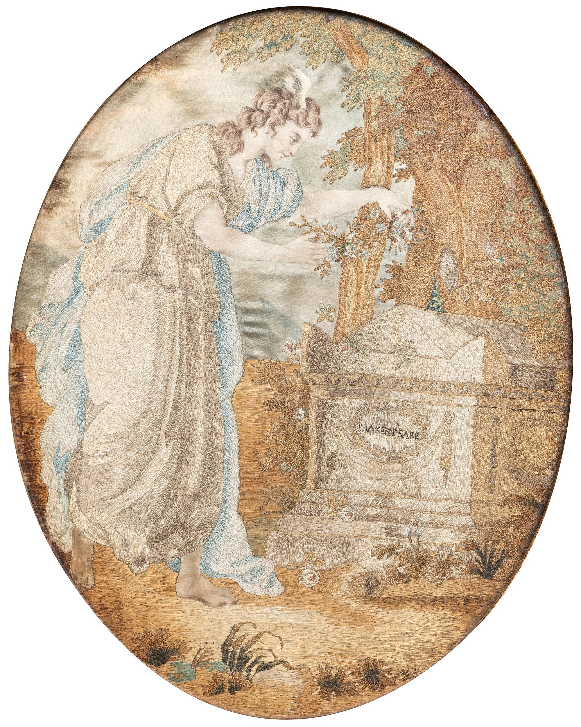 An English Mourning Needlework Panel Depicting Fame Decorating Shakespeare's Tomb