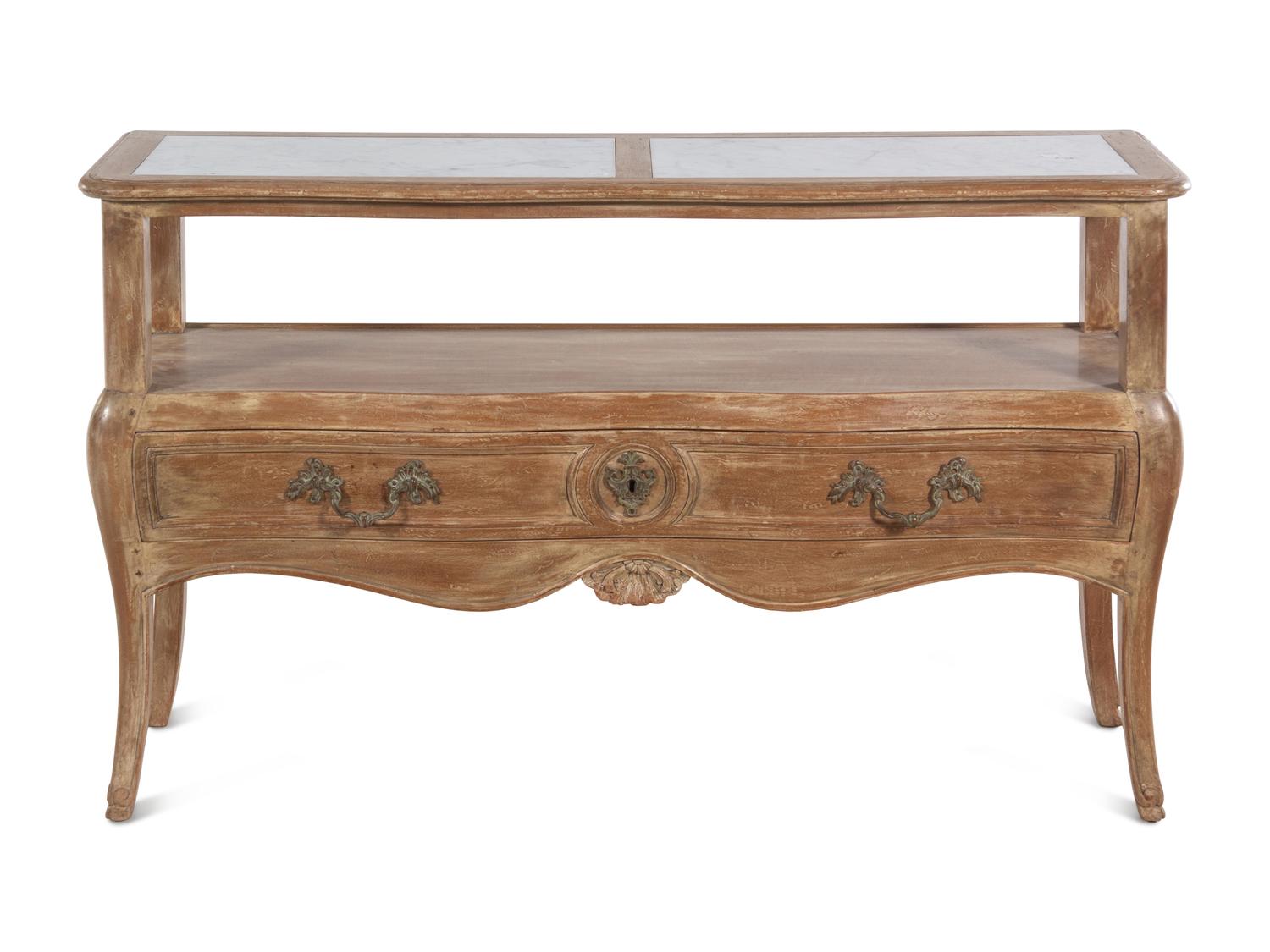 A Louis XV Style Limed Wood Marble-Top Console Table