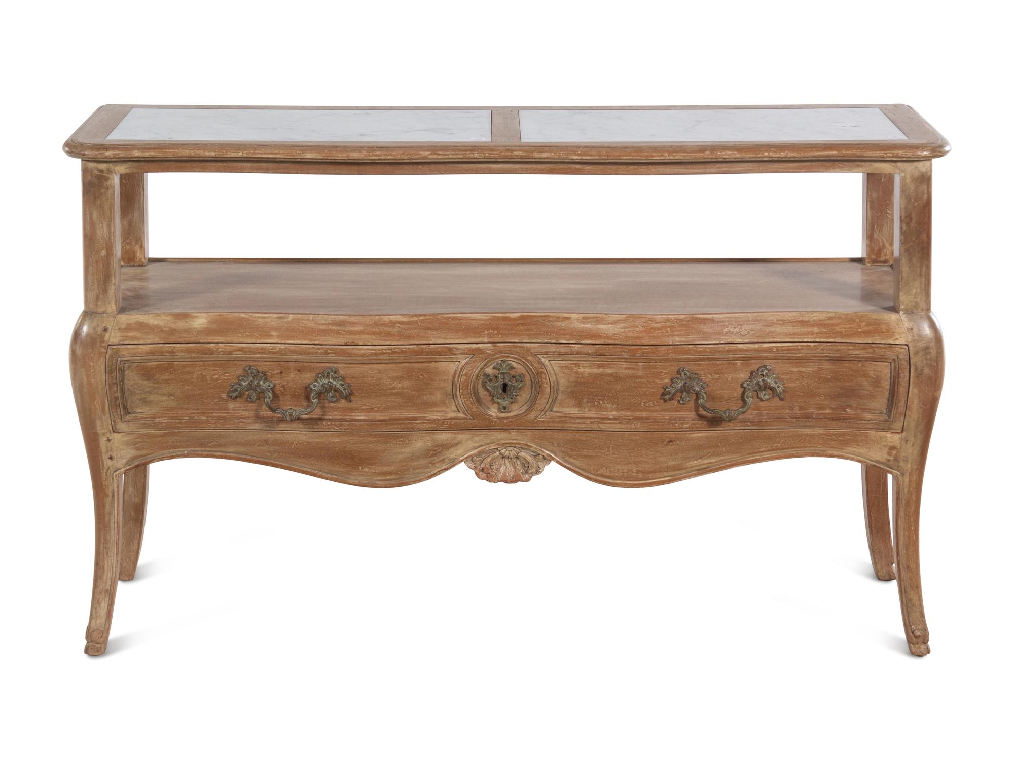 A Louis XV Style Limed Wood Marble-Top Console Table