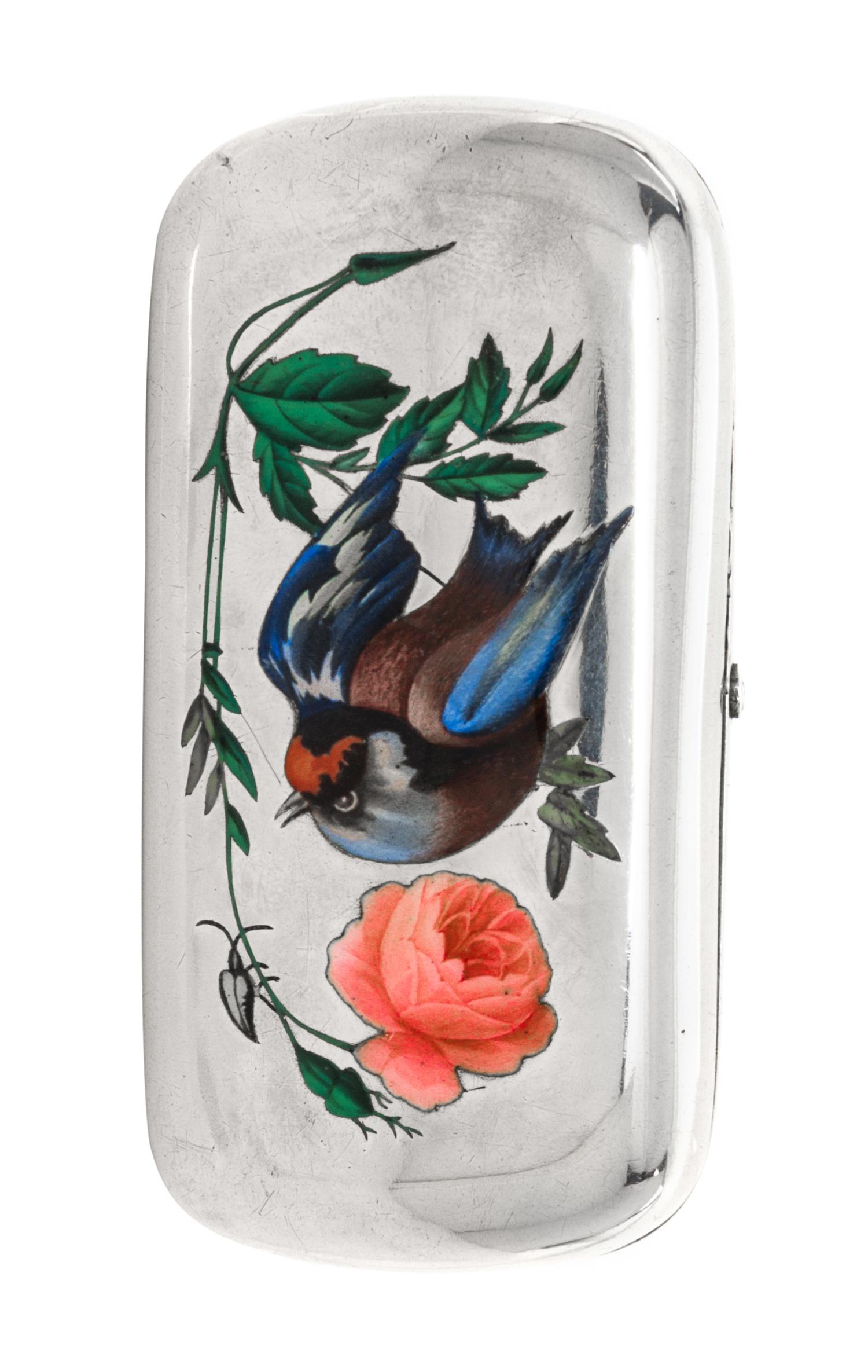 A Russian Silver and Enamel Cigarette Case, Maker's mark obscured, Moscow, 1878, the case decorated with painted birds and floral spray