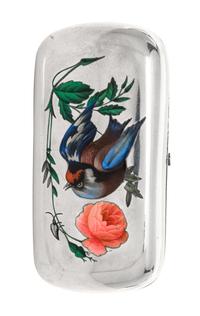 A Russian Silver and Enamel Cigarette Case, Maker's mark obscured, Moscow, 1878, the case decorated with painted birds and floral spray