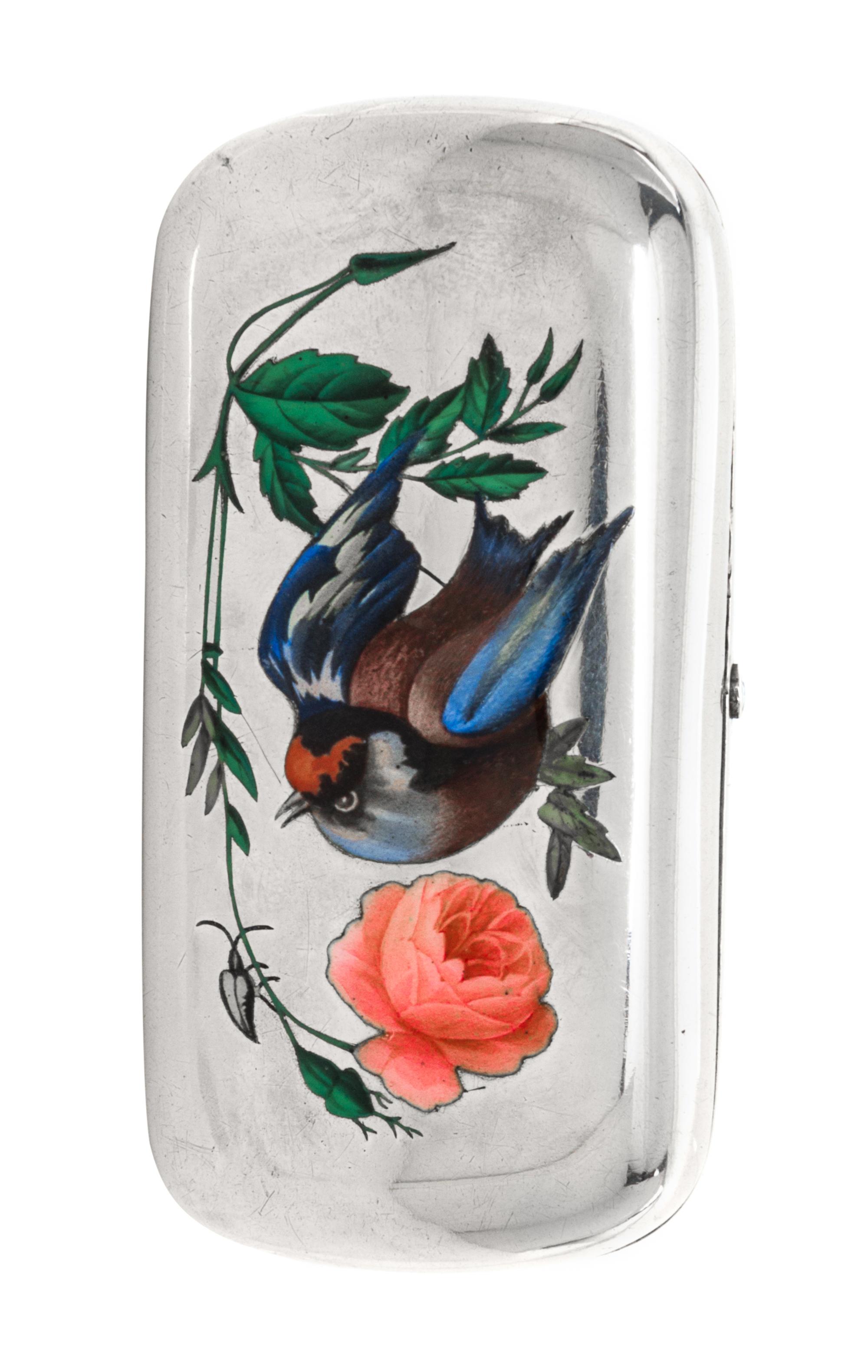 A Russian Silver and Enamel Cigarette Case, Maker's mark obscured, Moscow, 1878, the case decorated with painted birds and floral spray