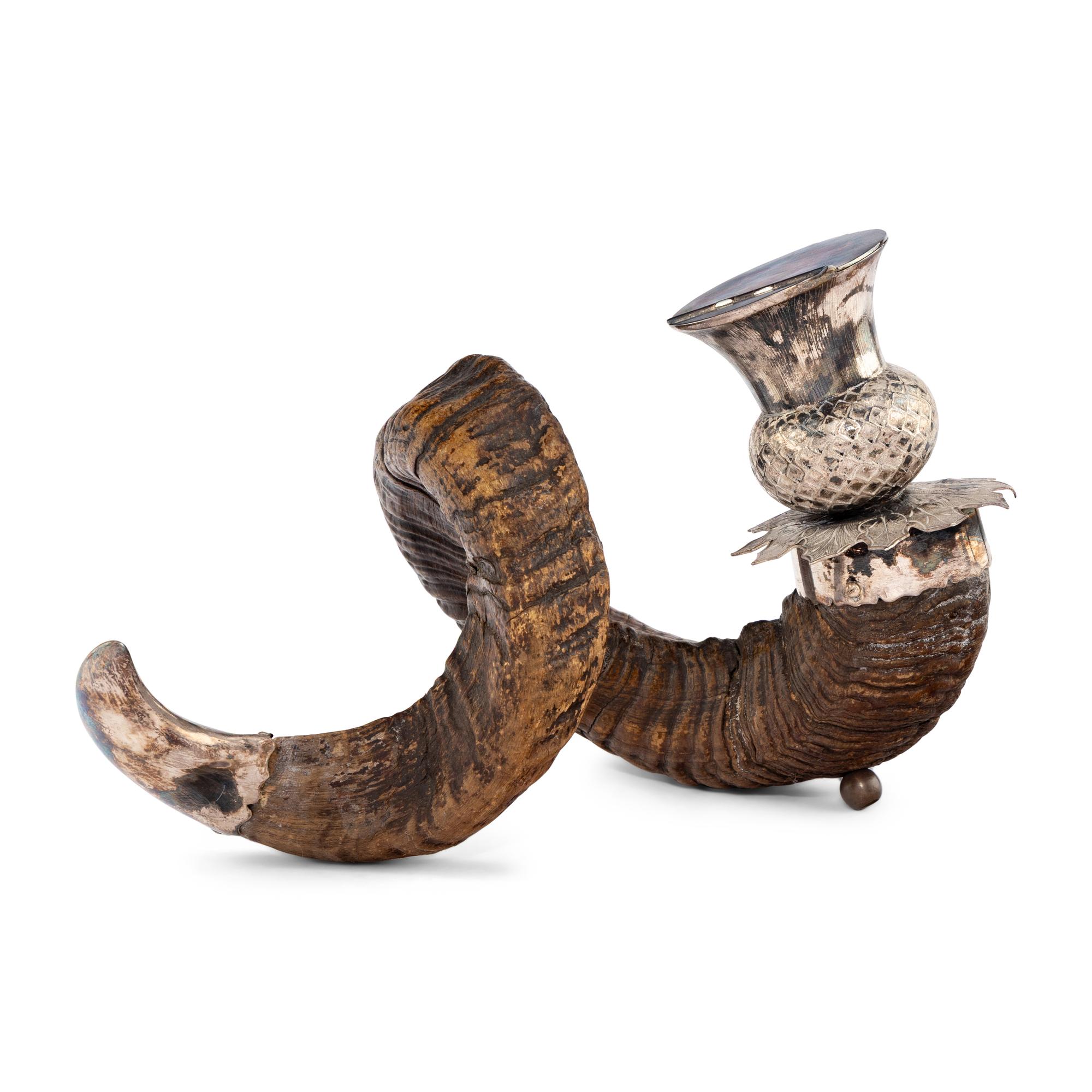 A Ram's Horn Snuff Caddy with Silverplate Mounts