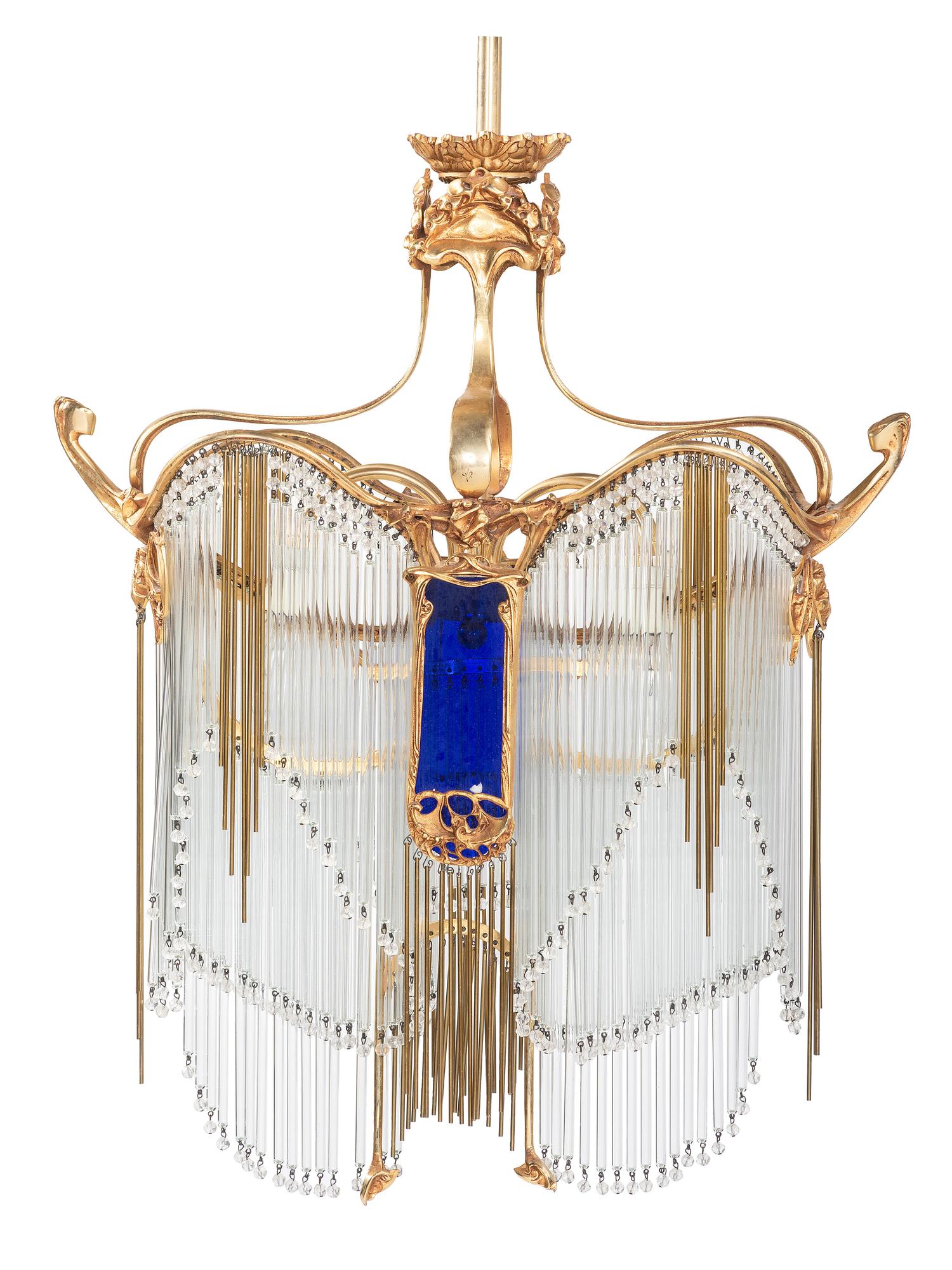 An Art Nouveau-Style Gilt Metal and Glass Chandelier, after Hector Guimard