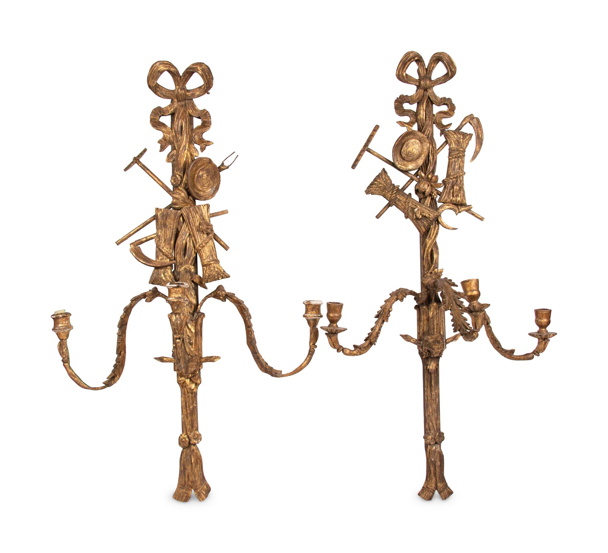 A Pair of Louis XVI Style Giltwood Three-Light Sconces