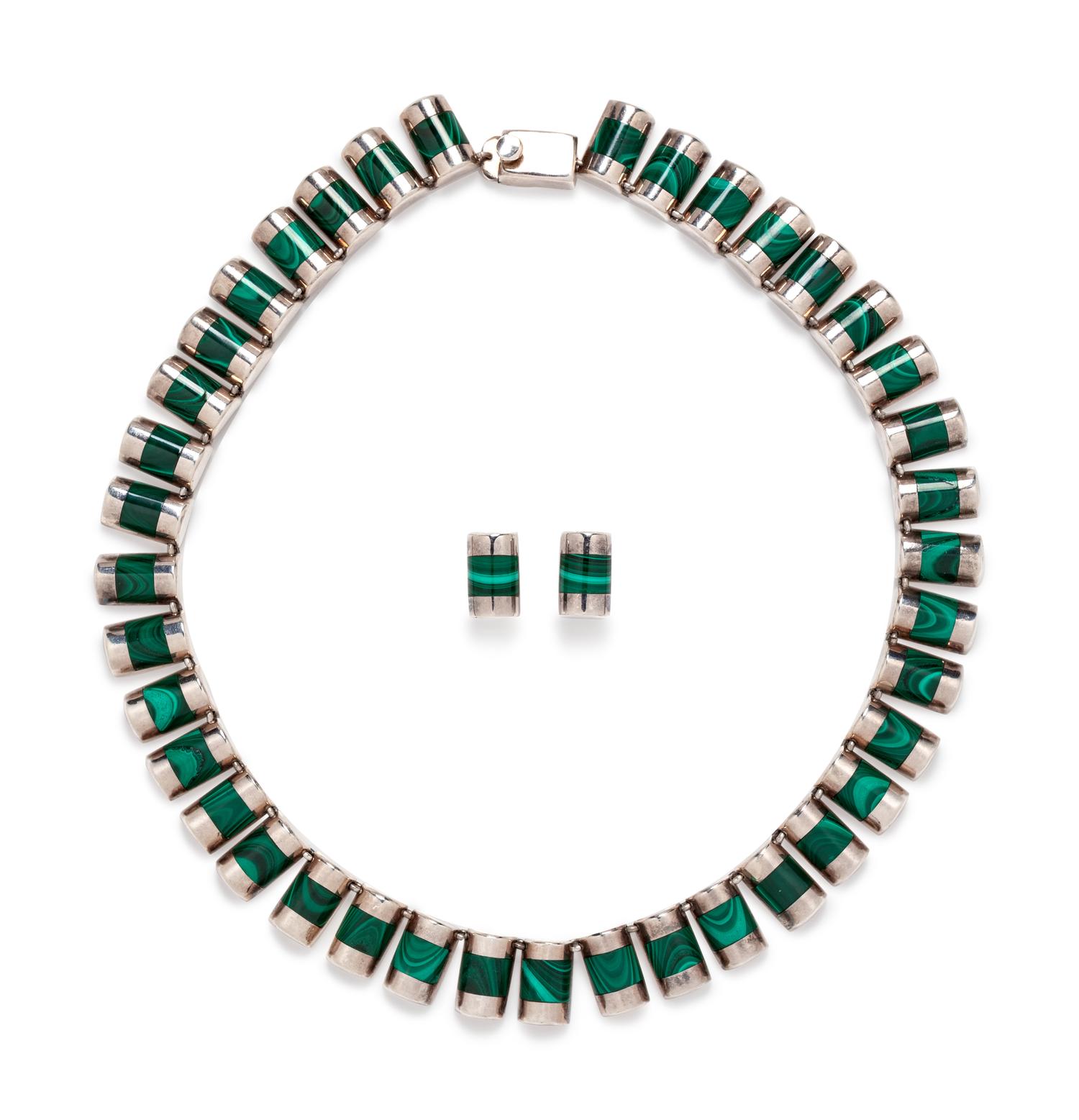 A Sterling Silver and Malachite Necklace and Earring Set, J. Comes, Mexico,