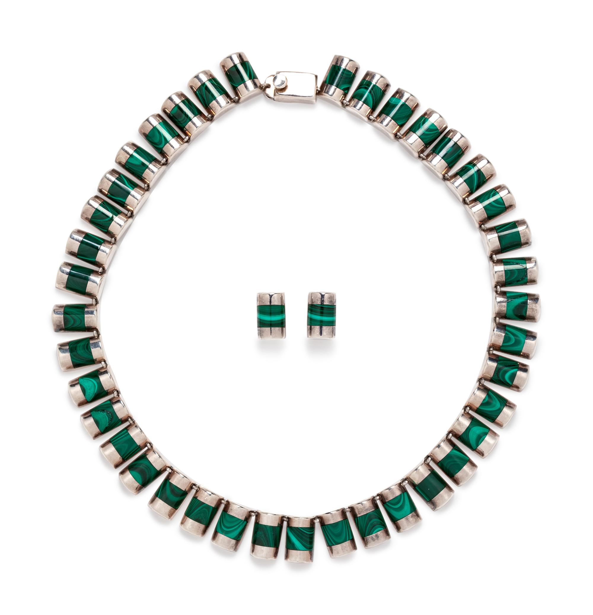 A Sterling Silver and Malachite Necklace and Earring Set, J. Comes, Mexico,