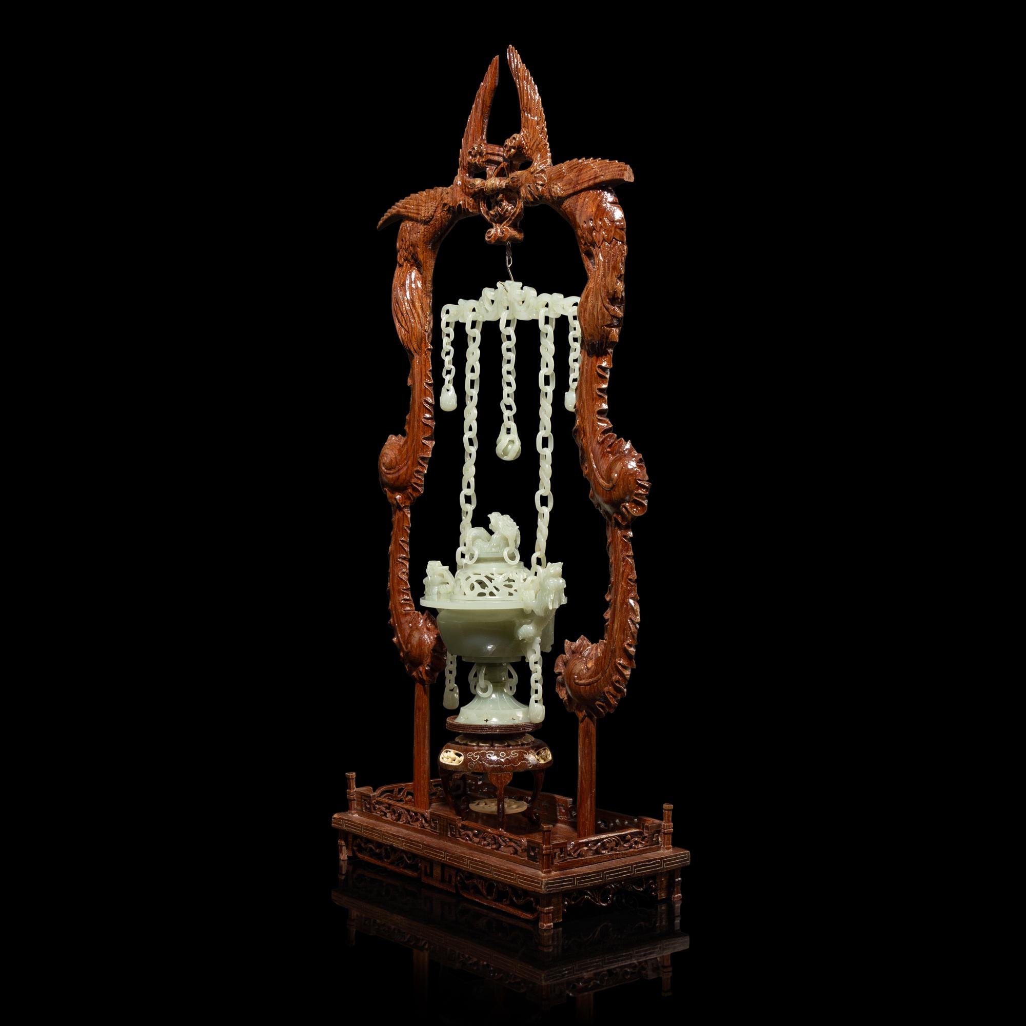 A Chinese Celadon Jade Hanging Incense Burner, 20th Century — 近代 青玉鏈式爐
