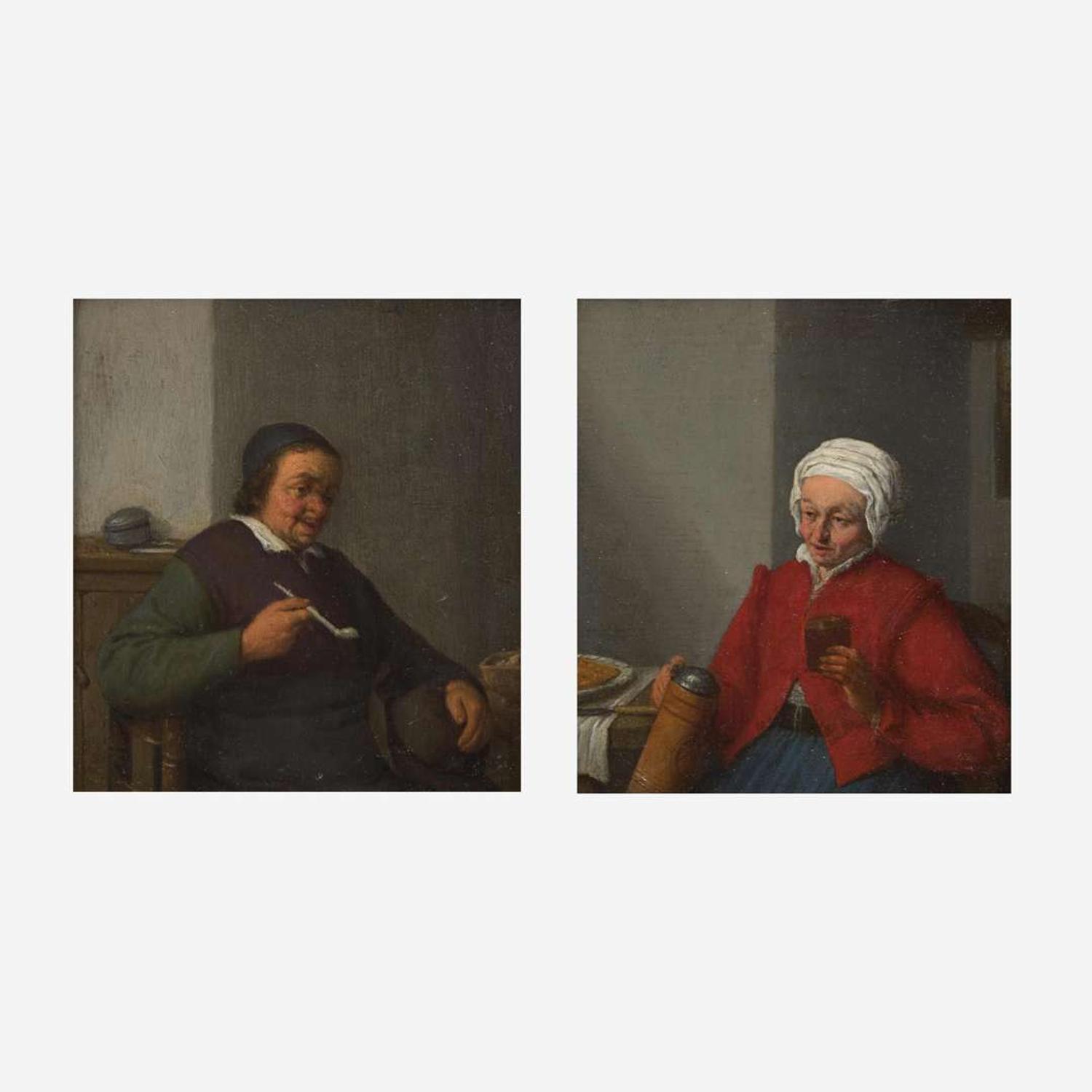 Adriaen Jansz van Ostade (Dutch, 1610–1685) Man Smoking in an Interior; together with Woman Holding a Jug and a Cup: A Pair of Half-Length Portraits