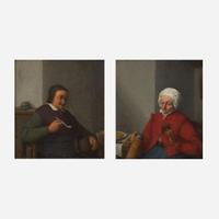 Adriaen Jansz van Ostade (Dutch, 1610–1685) Man Smoking in an Interior; together with Woman Holding a Jug and a Cup: A Pair of Half-Length Portraits