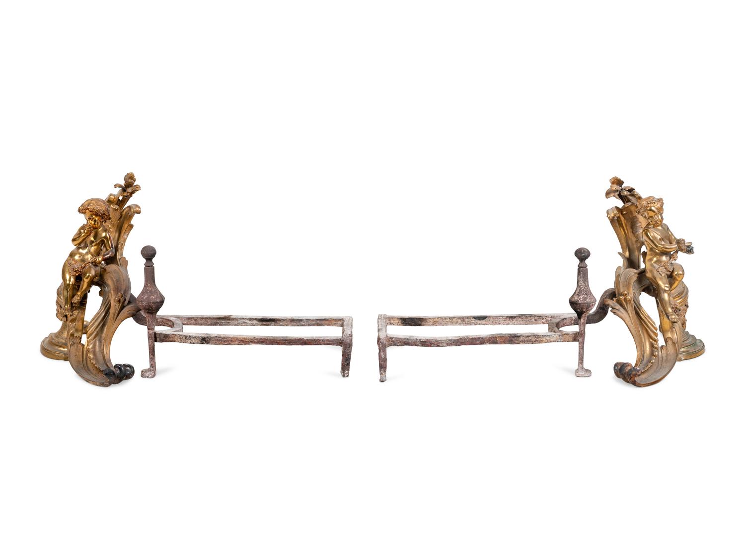 A Pair of Continental Gilt Bronze Figural Chenets