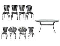 A Spring Steel Garden Table and Eight Chairs by Francois Carre