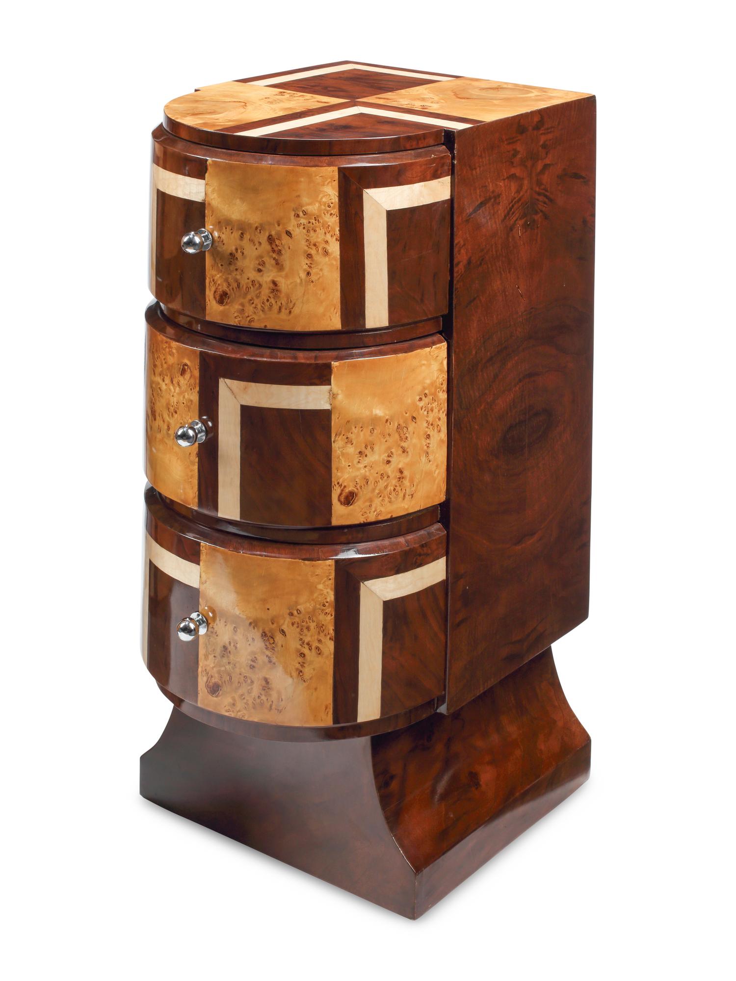 A Pair of Art Deco Style Various Woods Bedside Cabinets