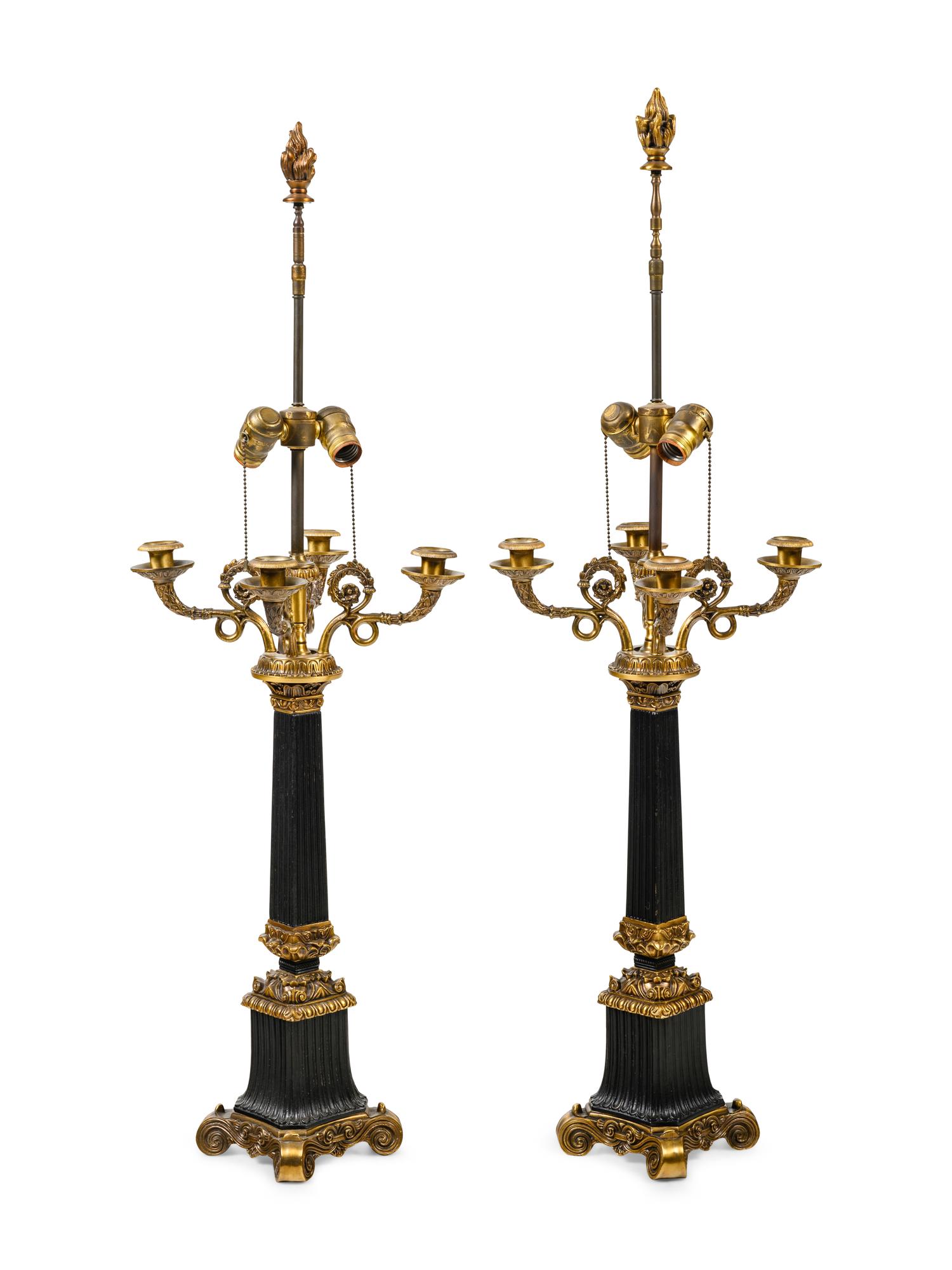A Pair of Empire Style Four-Light Candelabra Mounted as Lamps
