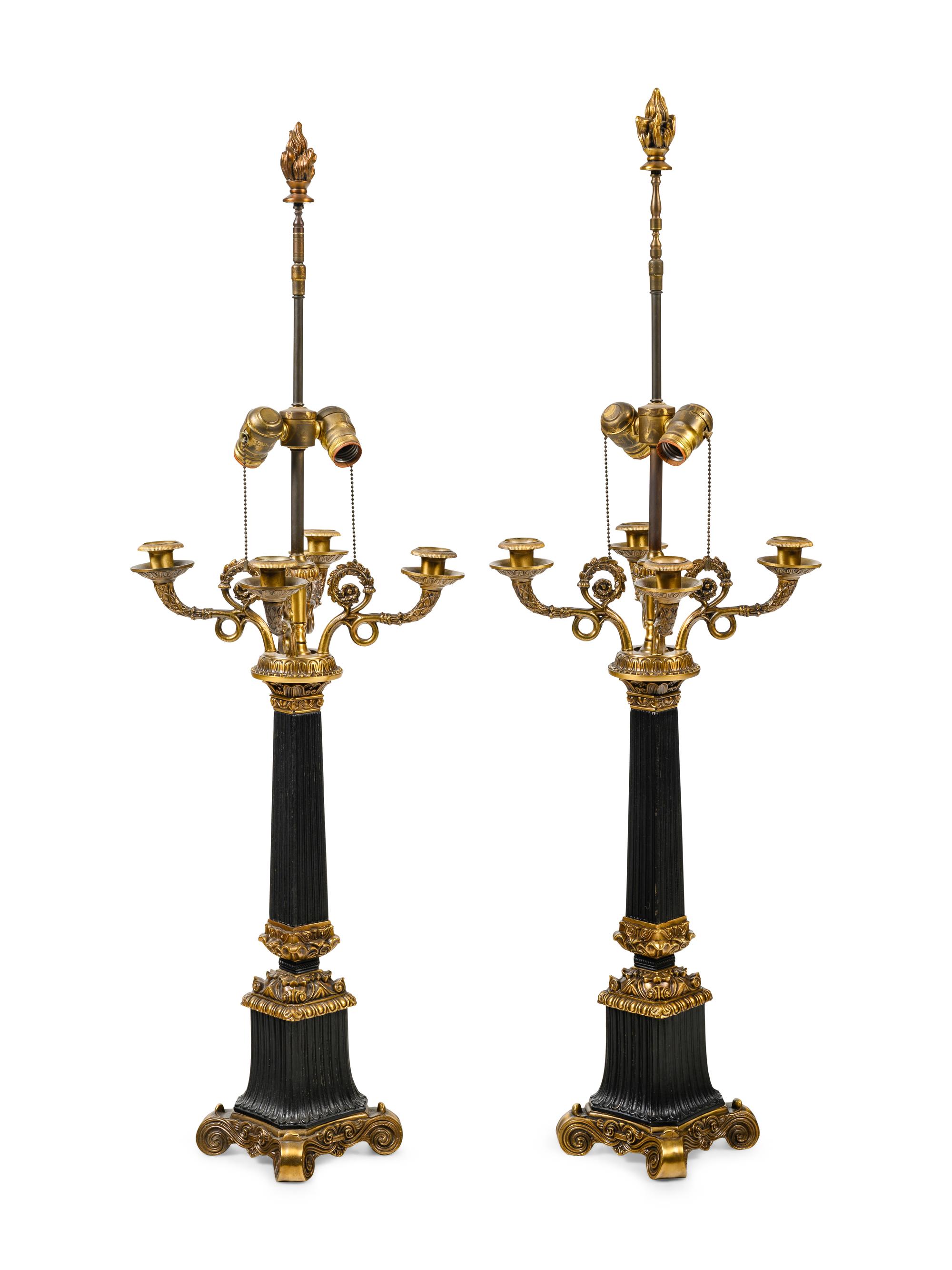 A Pair of Empire Style Four-Light Candelabra Mounted as Lamps