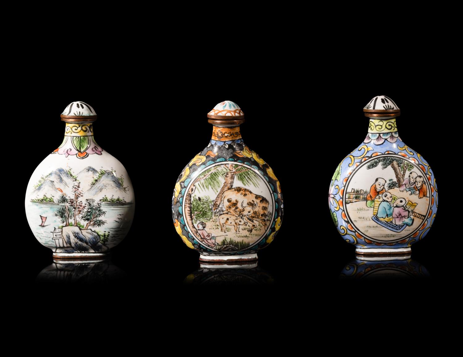 Three Chinese Canton Enamel on Metal Snuff Bottles