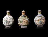 Three Chinese Canton Enamel on Metal Snuff Bottles