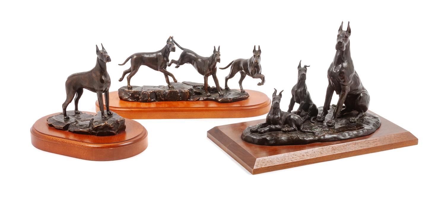 Three Bronze Great Dane Sculptures Width of widest 12 inches. — VIRIGINIA PERRY GARDINER (20th Century)