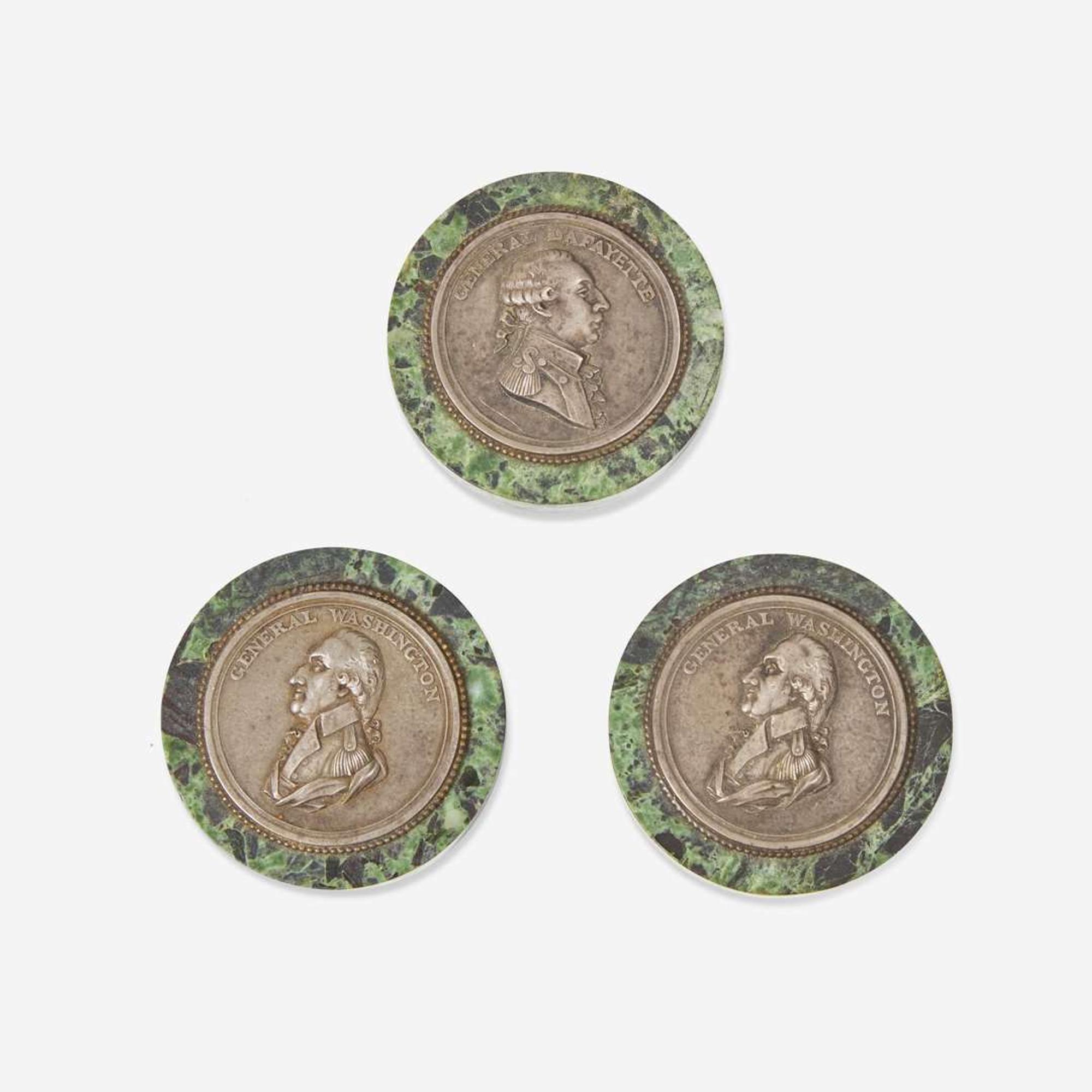 A group of three white metal and verde marble medallions depicting General Washington and General Lafayette early 20th century