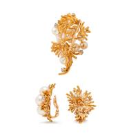 YELLOW GOLD, CULTURED PEARL AND DIAMOND SET