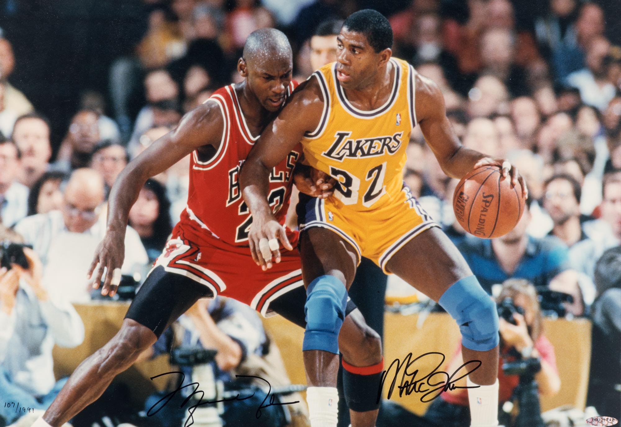 A Michael Jordan and Magic Johnson Signed Autograph Oversized Limited Edition Photograph (Beckett Authentication Services Letter, Upper Deck Hologram),
