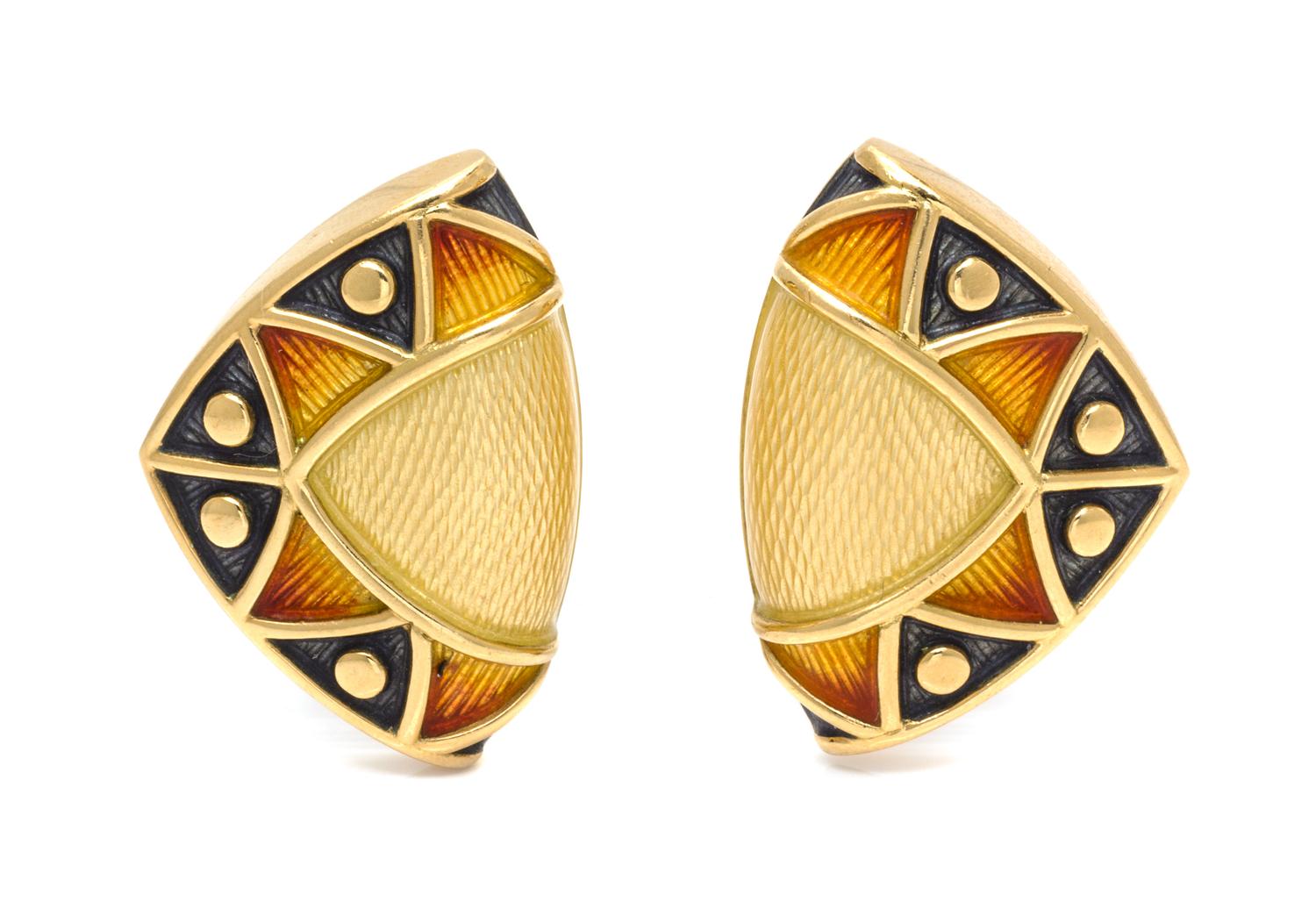 A Pair of 18 Karat Yellow Gold and Polychrome Enamel Earclips, de Vroomen, 20.50 dwts.