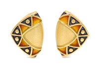 A Pair of 18 Karat Yellow Gold and Polychrome Enamel Earclips, de Vroomen, 20.50 dwts.