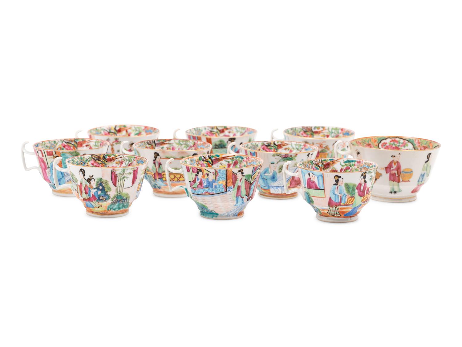 Ten Chinese Export Rose Medallion Porcelain Cups