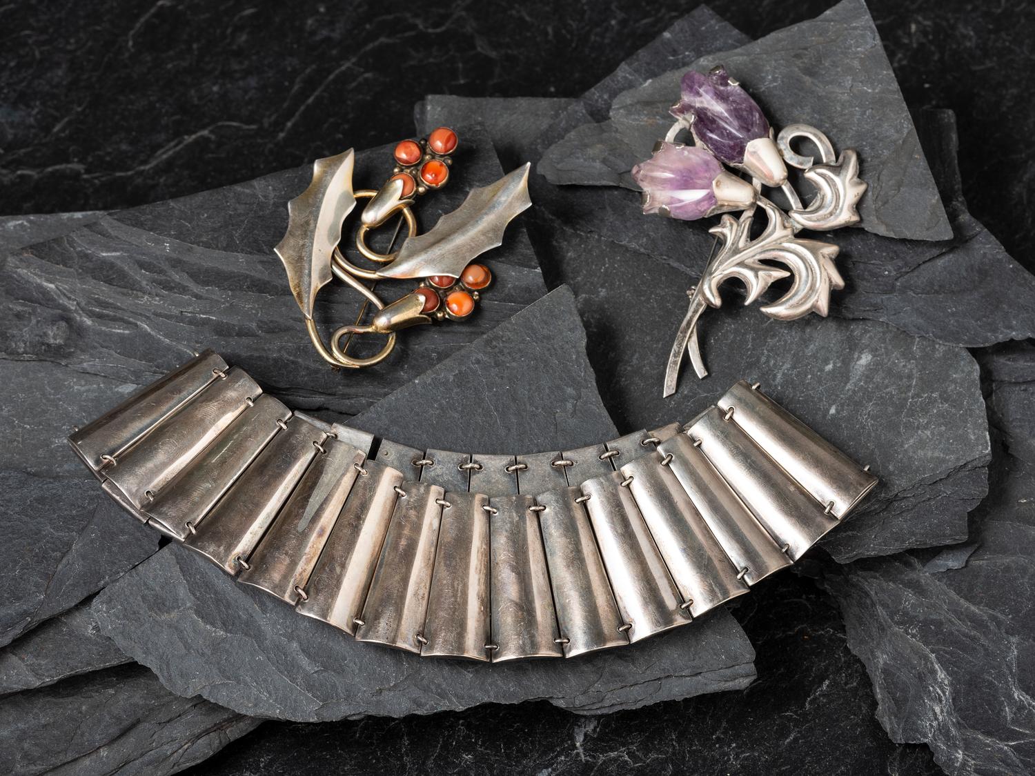 Mexican Silver Necklace and Floral Brooches/Pins
