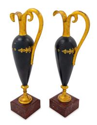 A Pair of Neoclassical Paint-Decorated Tinned Sheet Metal Ewers