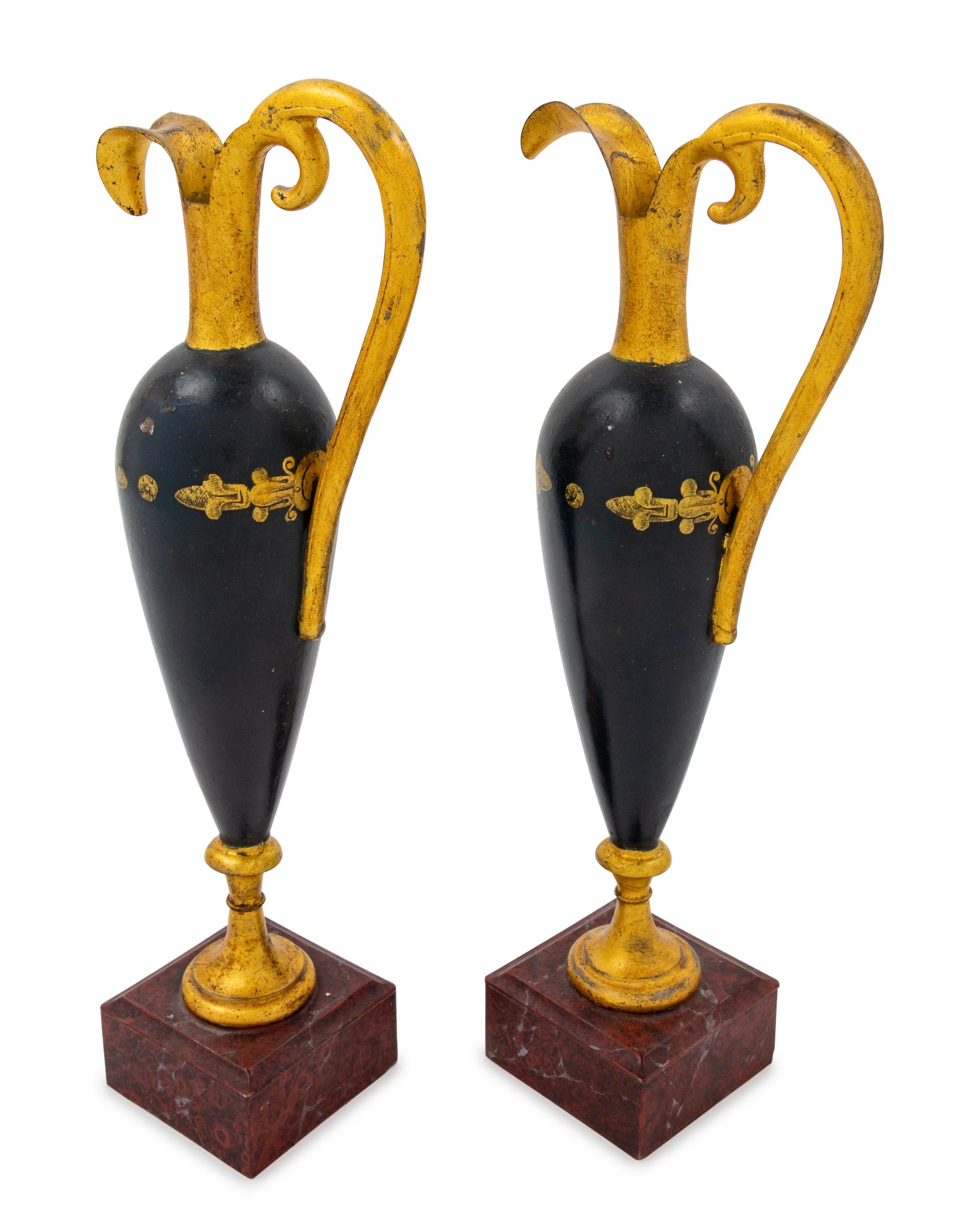 A Pair of Neoclassical Paint-Decorated Tinned Sheet Metal Ewers