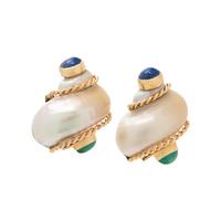 SEAMAN SCHEPPS, EMERALD AND SAPPHIRE SHELL EARCLIPS
