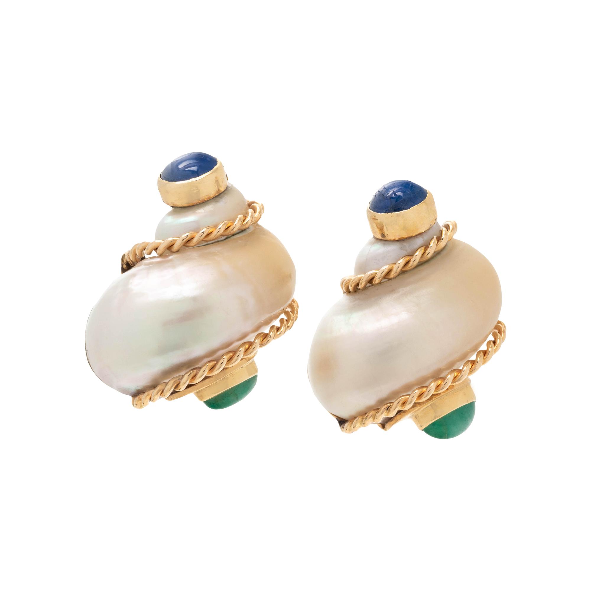 SEAMAN SCHEPPS, EMERALD AND SAPPHIRE SHELL EARCLIPS
