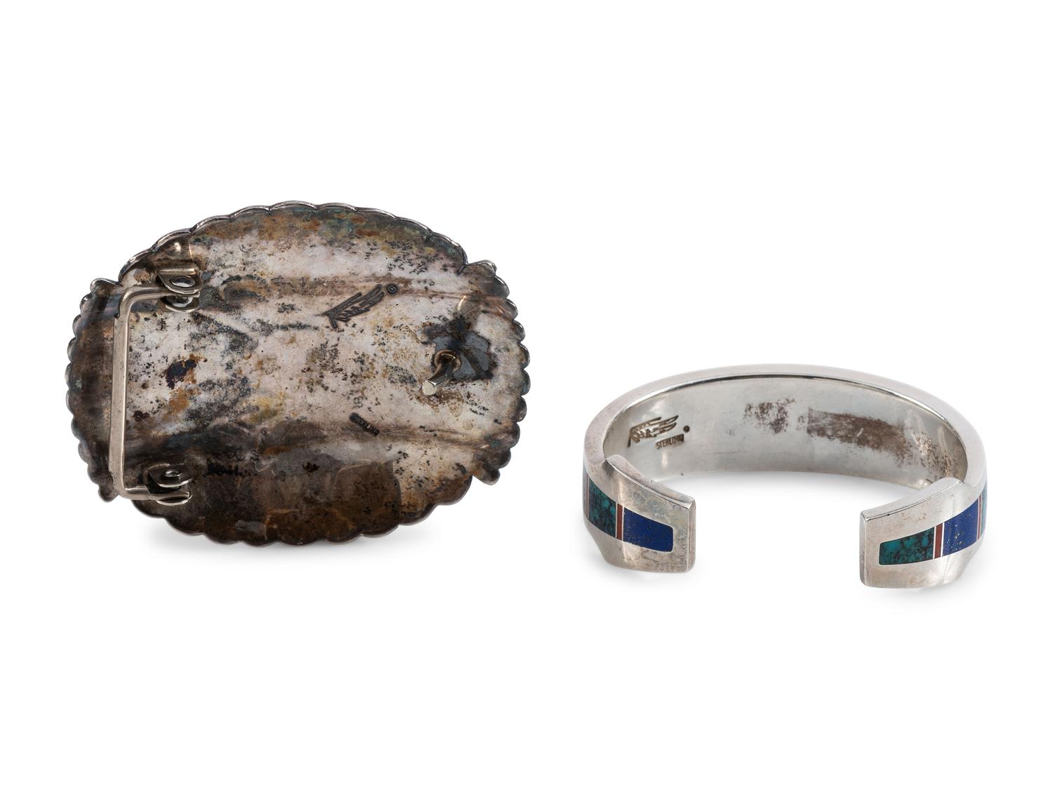 Sterling Silver Belt Buckle and Cuff Bracelet, with Inlay
