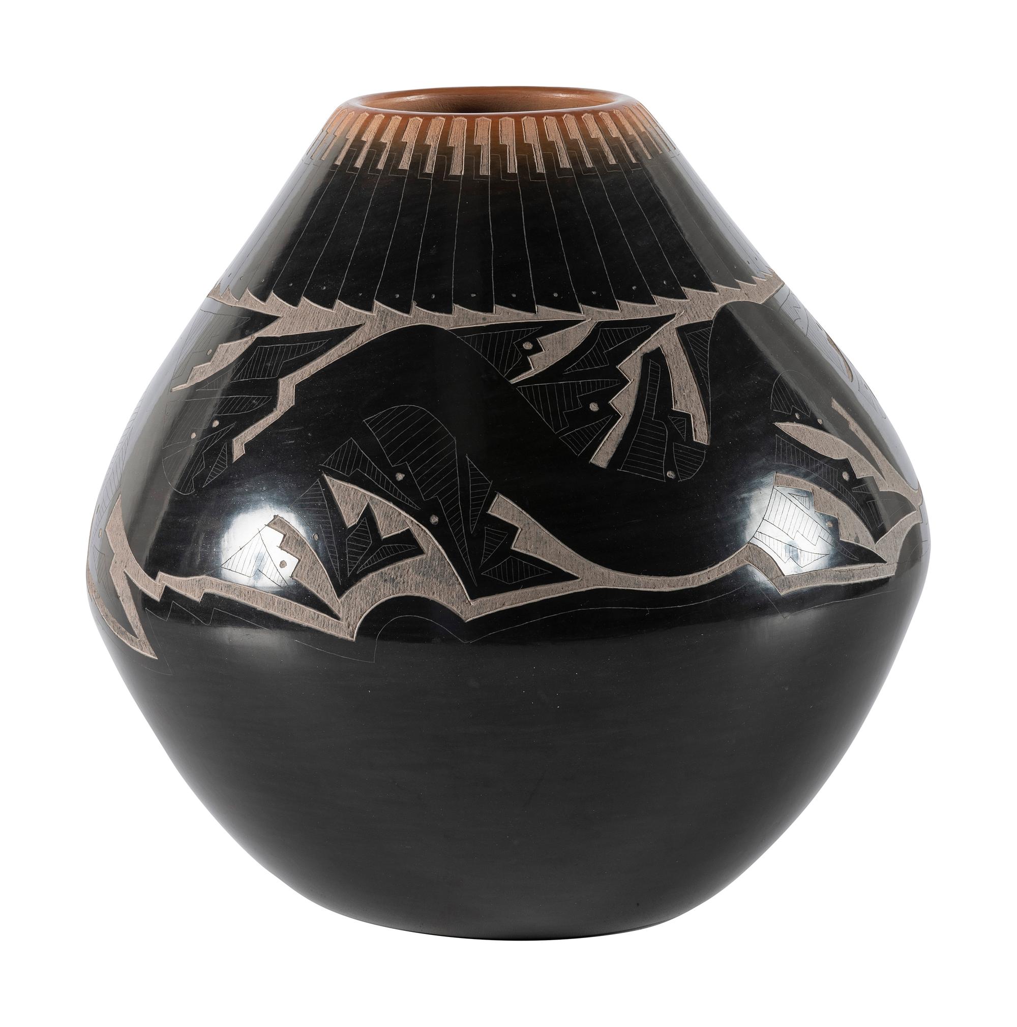 Black and Sienna Sgraffito Pottery Jar