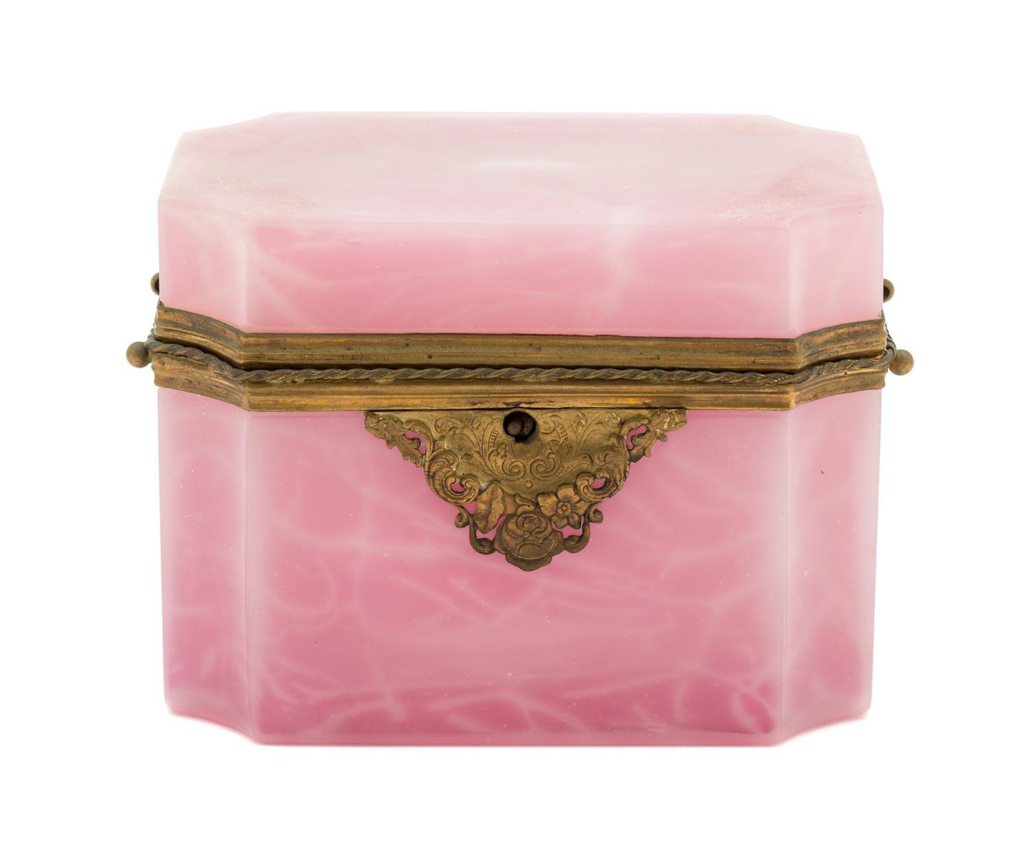 A French Gilt Metal Mounted Opaline Glass Covered Box Height 4 3/4 x width 4 1/8 x depth 6 1/8 inches. — 20TH CENTURY