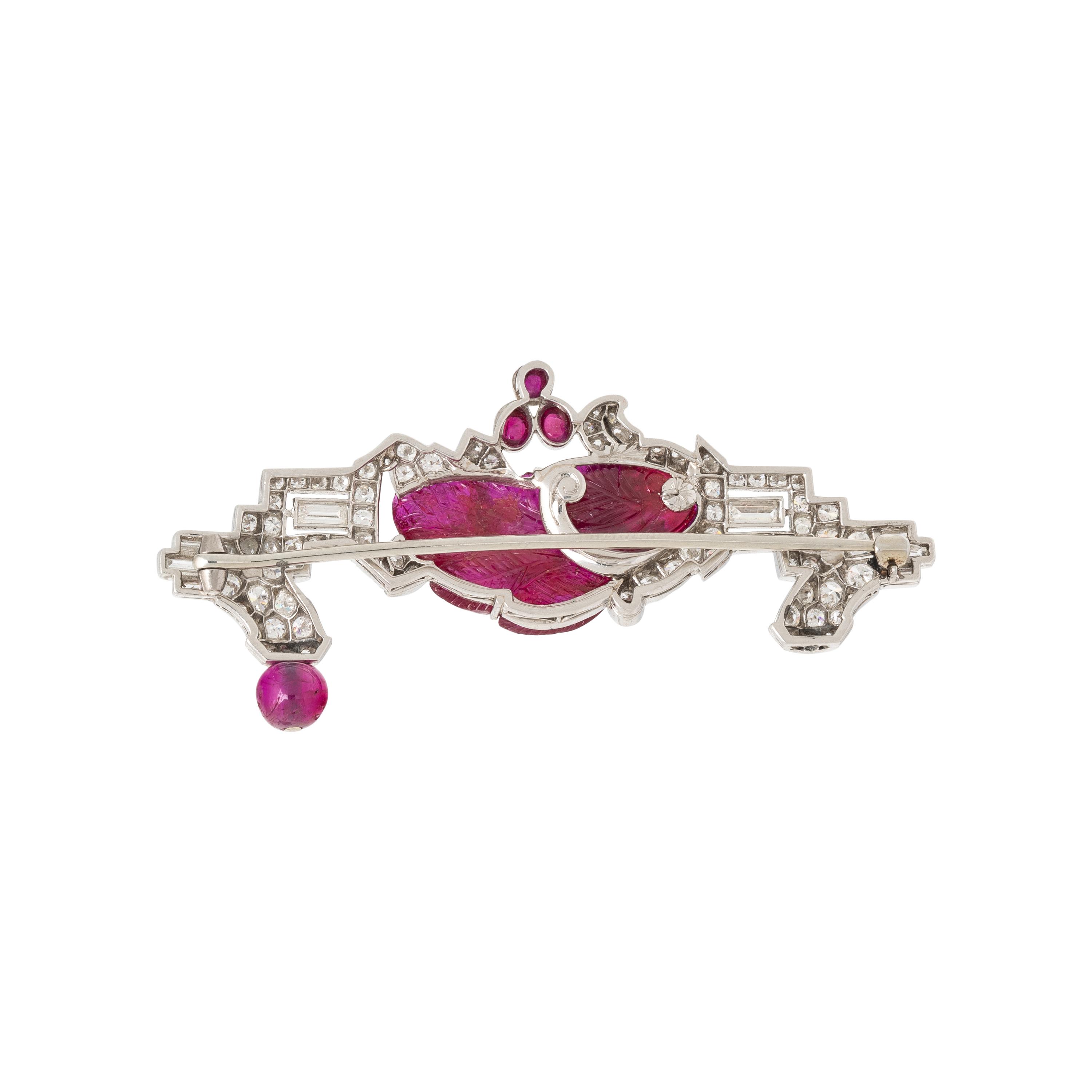 ART DECO, CARVED RUBY, DIAMOND, AND PLATINUM BROOCH