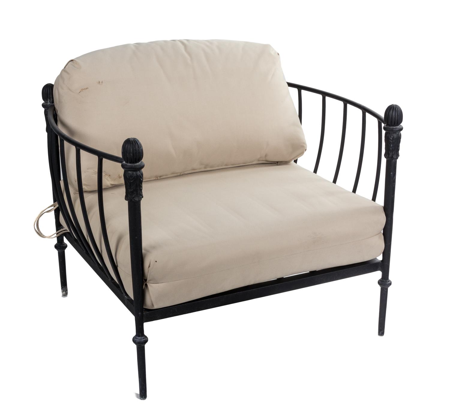 A Group of Neoclassical Style Metal Patio Furniture Height of first 27 x width 90 x depth 32 inches.