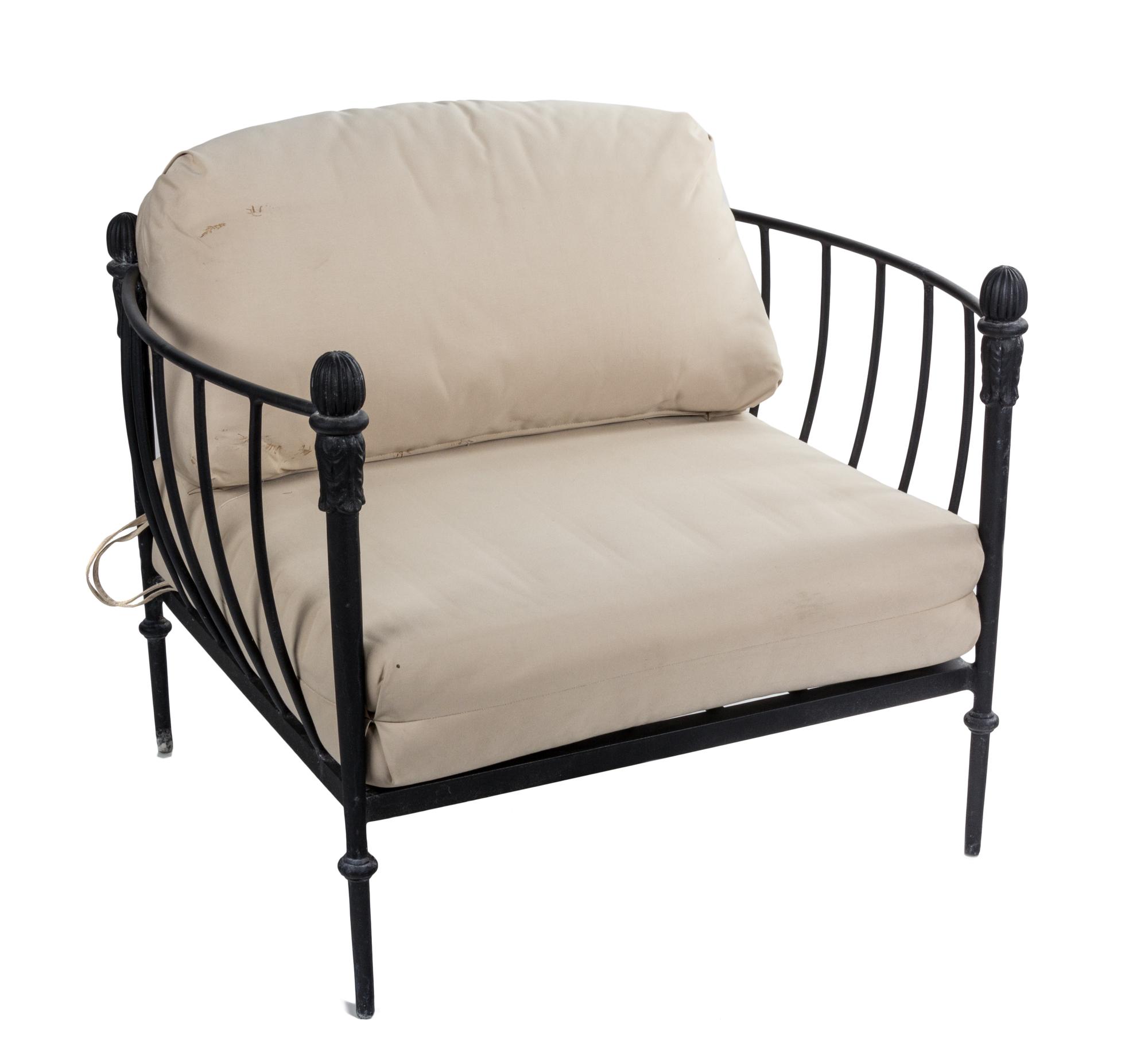 A Group of Neoclassical Style Metal Patio Furniture Height of first 27 x width 90 x depth 32 inches.