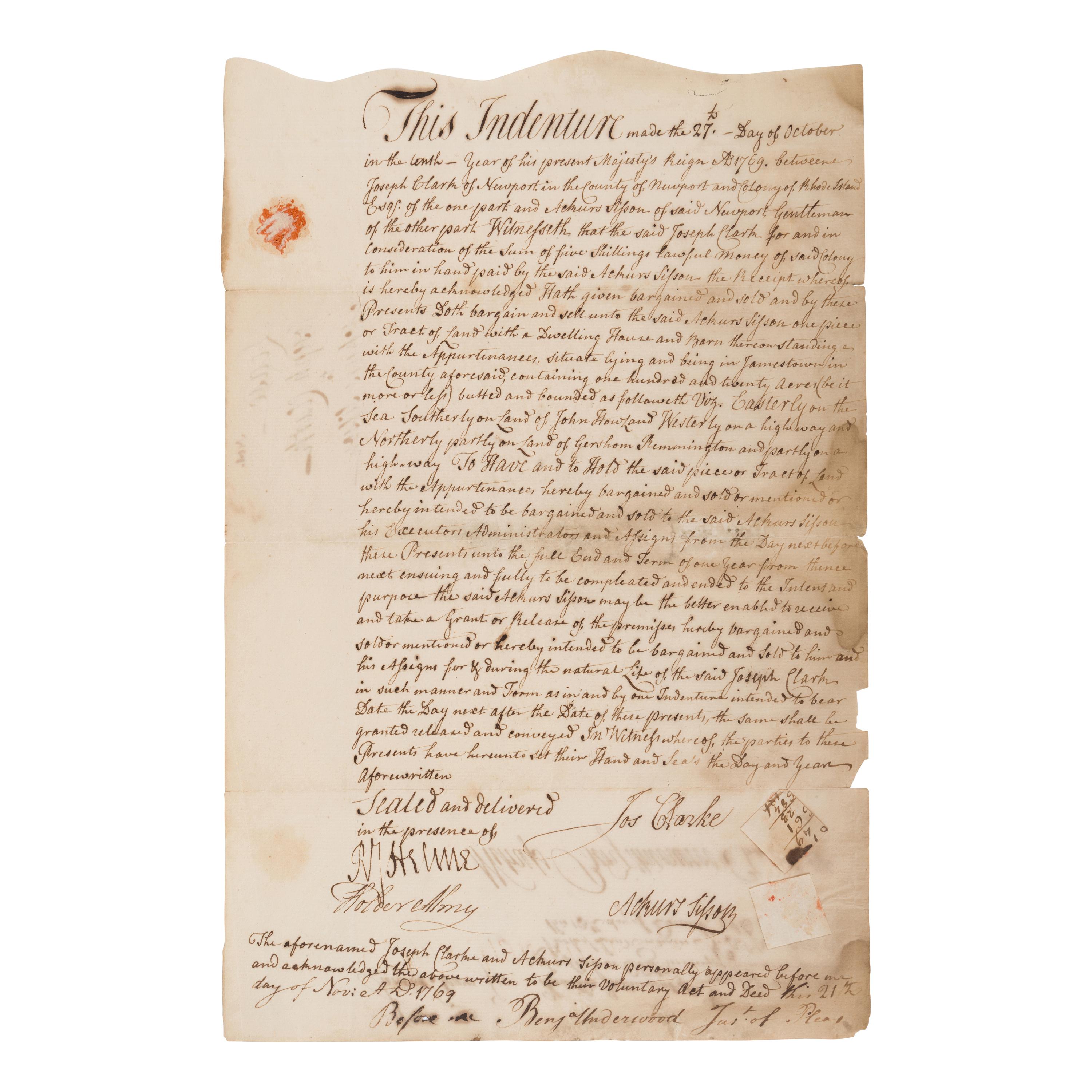 [Revolutionary War]. Clarke, Joseph (1719-1792). Manuscript document signed ("Jos. Clarke"), Rhode Island, 21 November 1769.