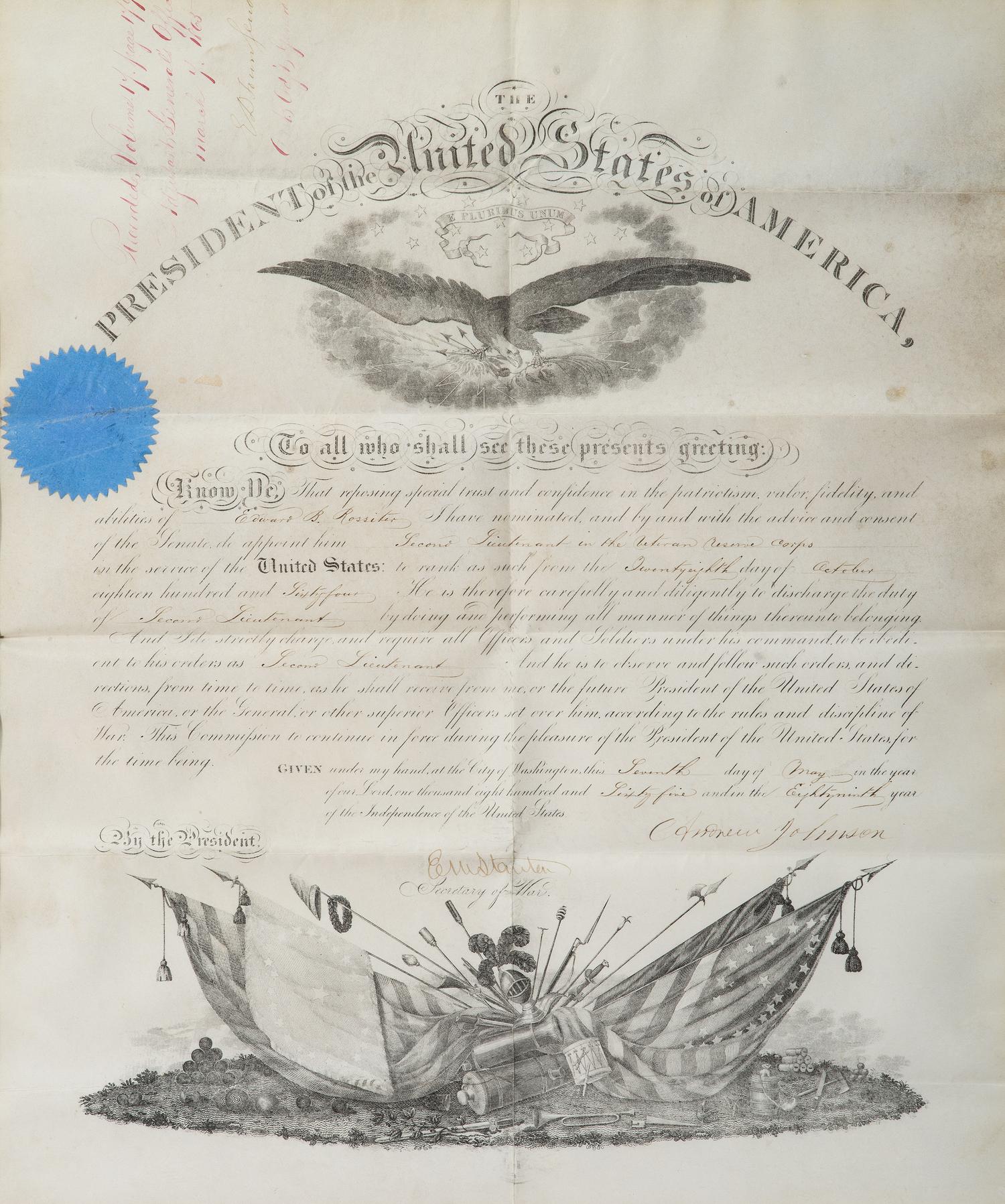 JOHNSON, Andrew (1808-1875). Document signed ("Andrew Johnson"), as President of the United States, to Edward B. Rossiter, 12 Massachusetts Infantry and 13th Veteran Reserve Corps, WIA Fredericksburg. Washington, D.C., 7 May 1865.