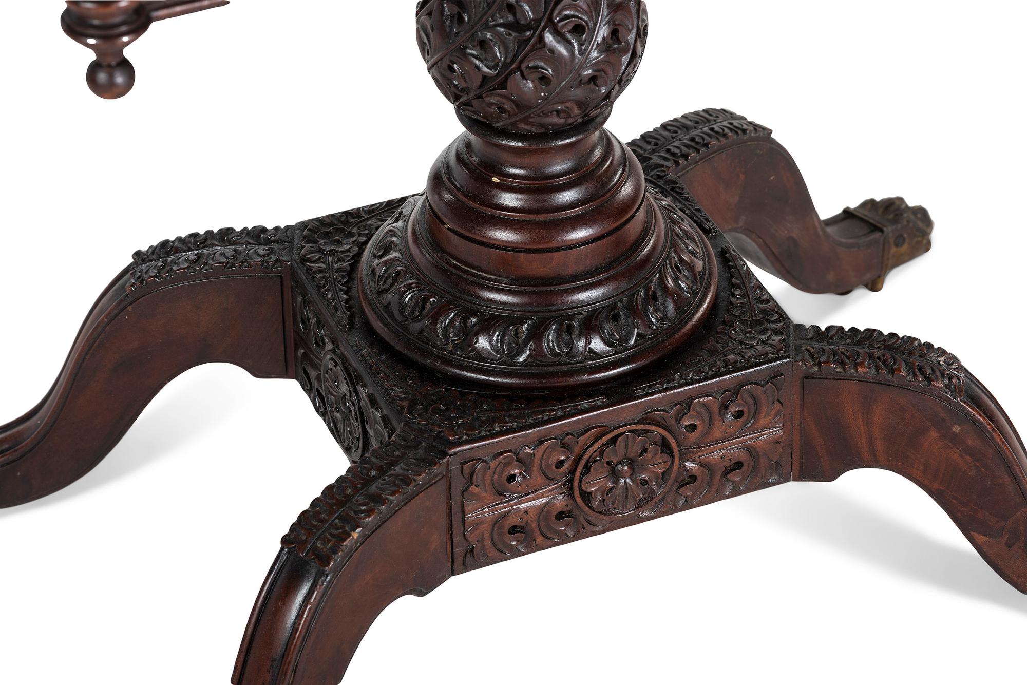 A Classical Carved and Figured Mahogany Pressed Glass Mounted Two-Drawer Work Stand
