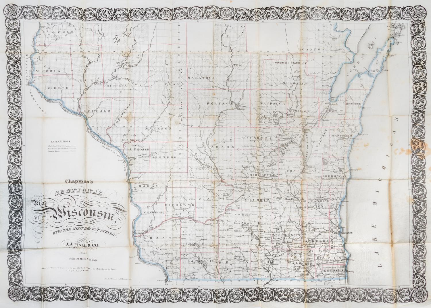 (MAP, WISCONSIN) CHAPMAN, SILAS. Chapman's Sectional Map of Wisconsin. Milwaukee, 1855