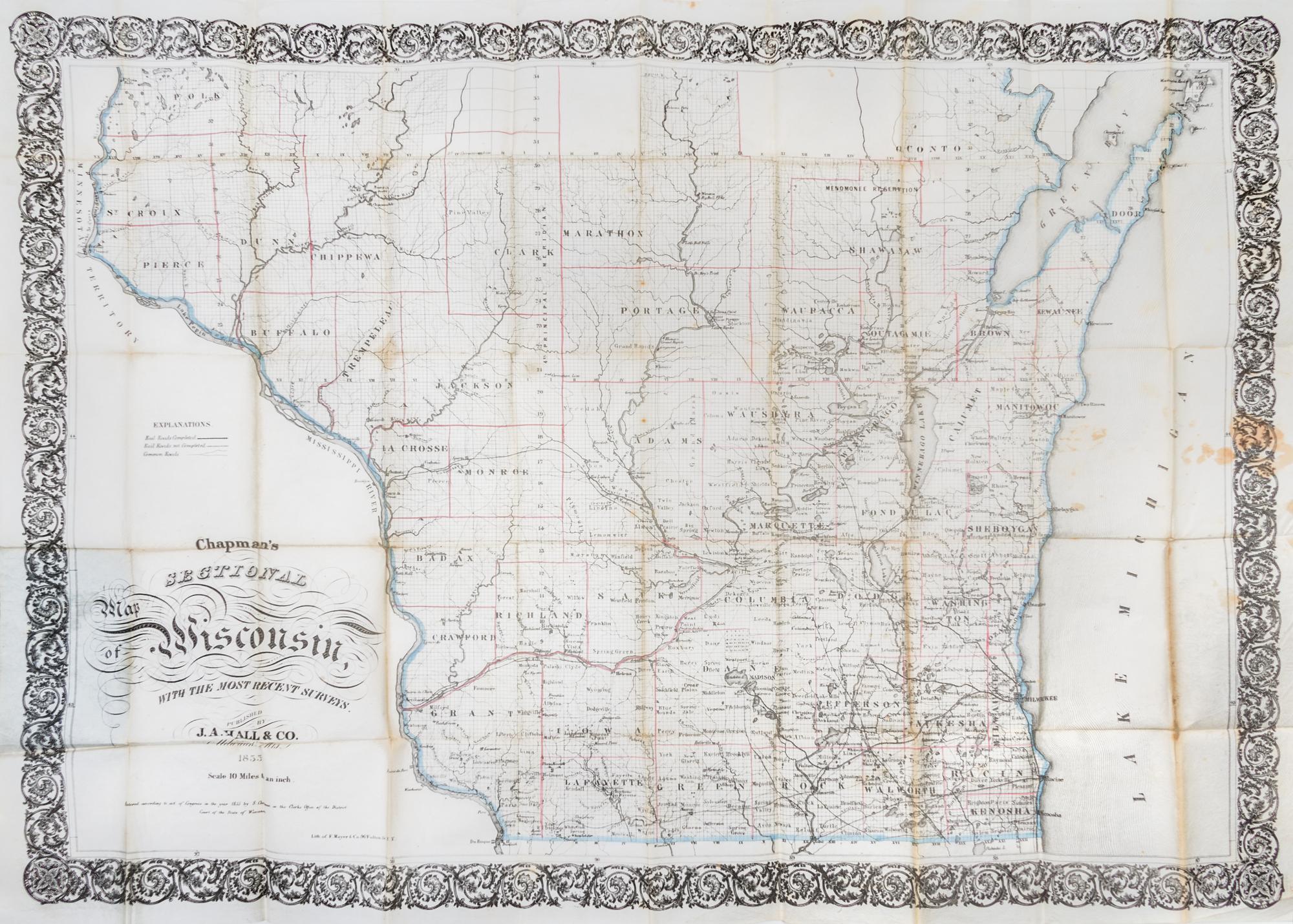 (MAP, WISCONSIN) CHAPMAN, SILAS. Chapman's Sectional Map of Wisconsin. Milwaukee, 1855
