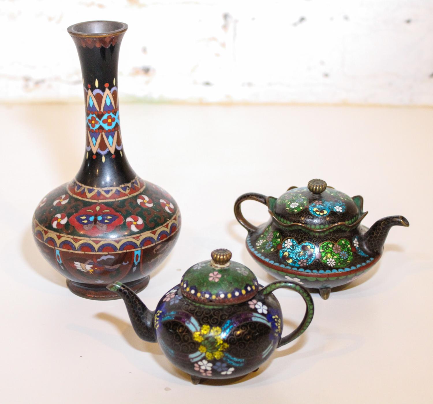 Two Chinese Cloisonne Enamel Teapots Width of wider teapot 5 inches.