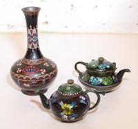 Two Chinese Cloisonne Enamel Teapots Width of wider teapot 5 inches.