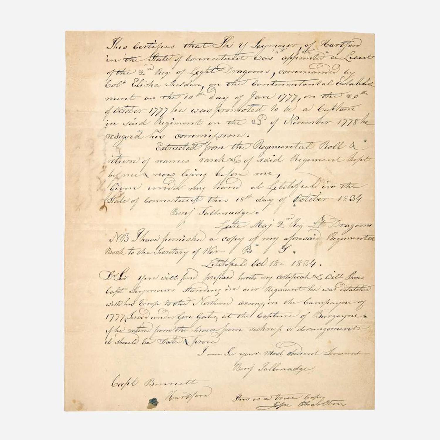[American Revolution] Tallmadge, Benjamin Autograph Document, signed