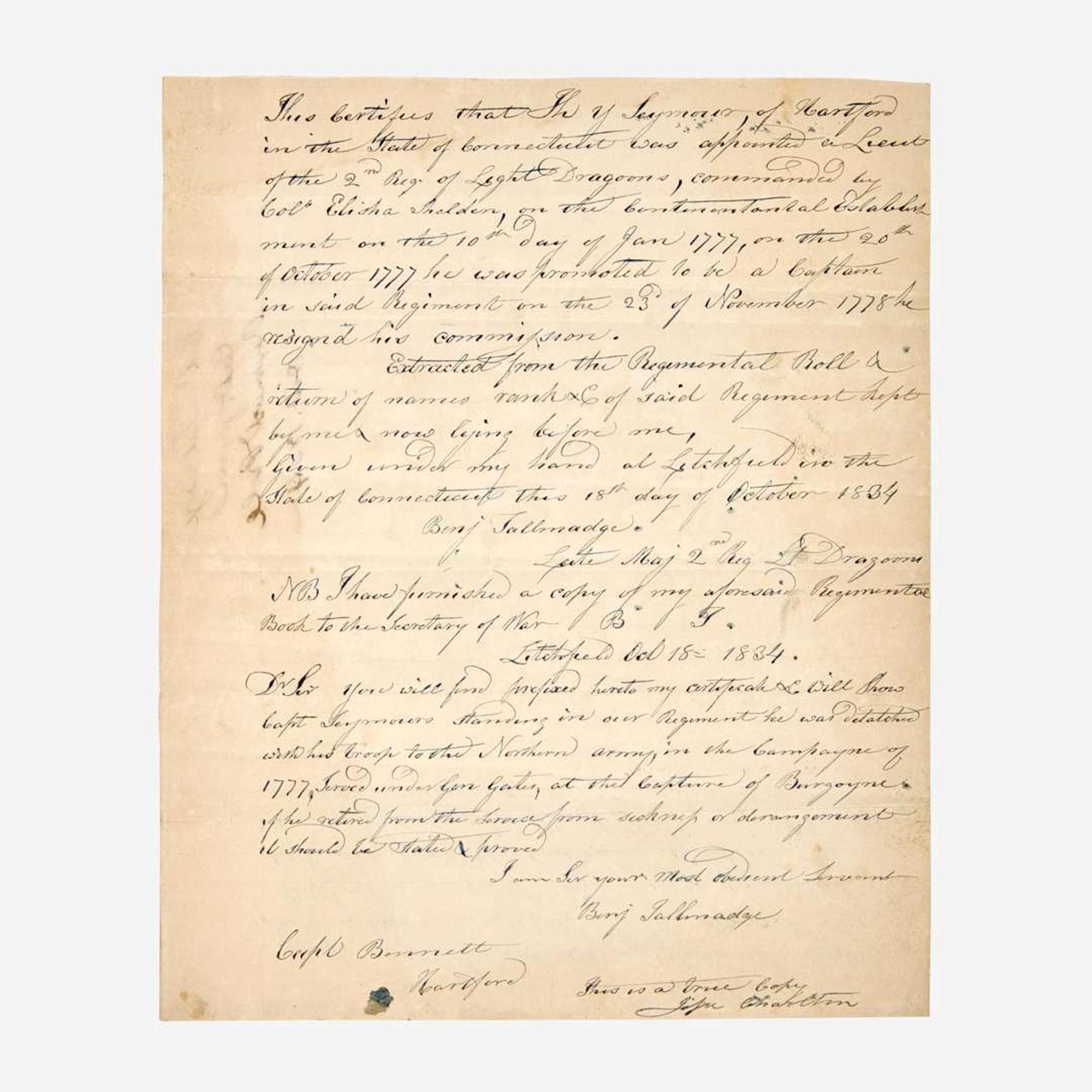 [American Revolution] Tallmadge, Benjamin Autograph Document, signed