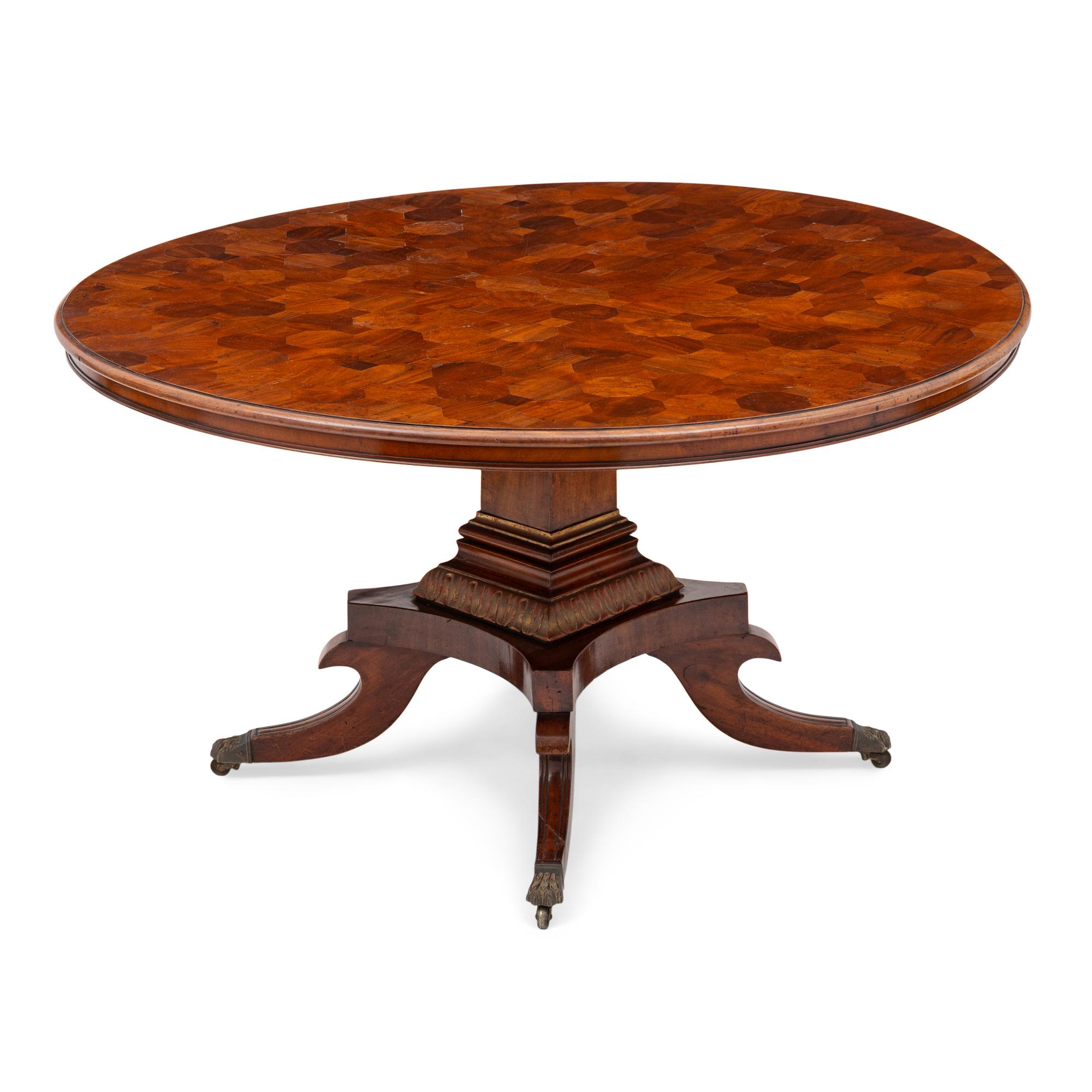 A Regency Style Pedestal Table with Specimen Parquetry Wood Top